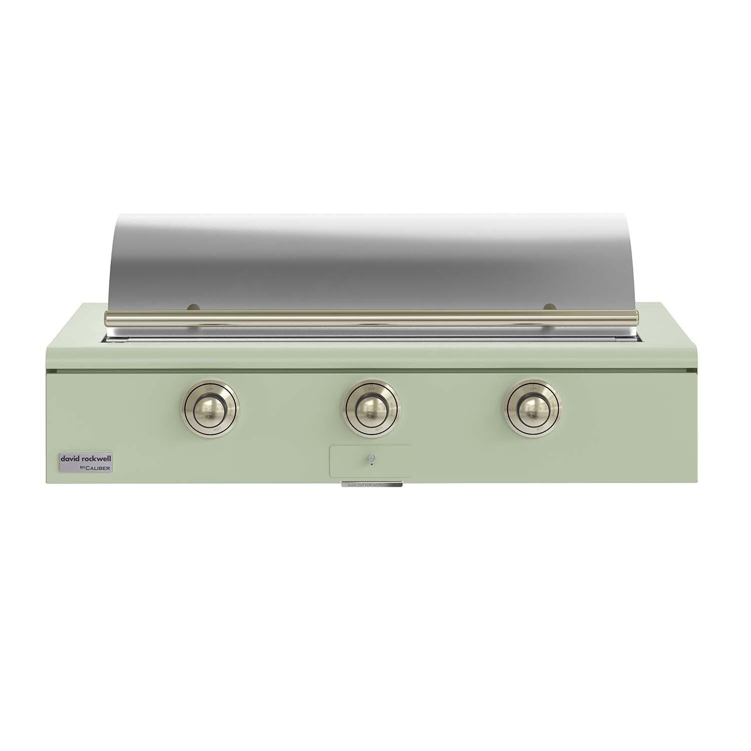 Caliber CRG-48BN00-A-129-H01 48-in Natural Gas Built-In Rockwell Grill - Sage w/ Brass Hardware - Lid Closed - White Background thumbnail
