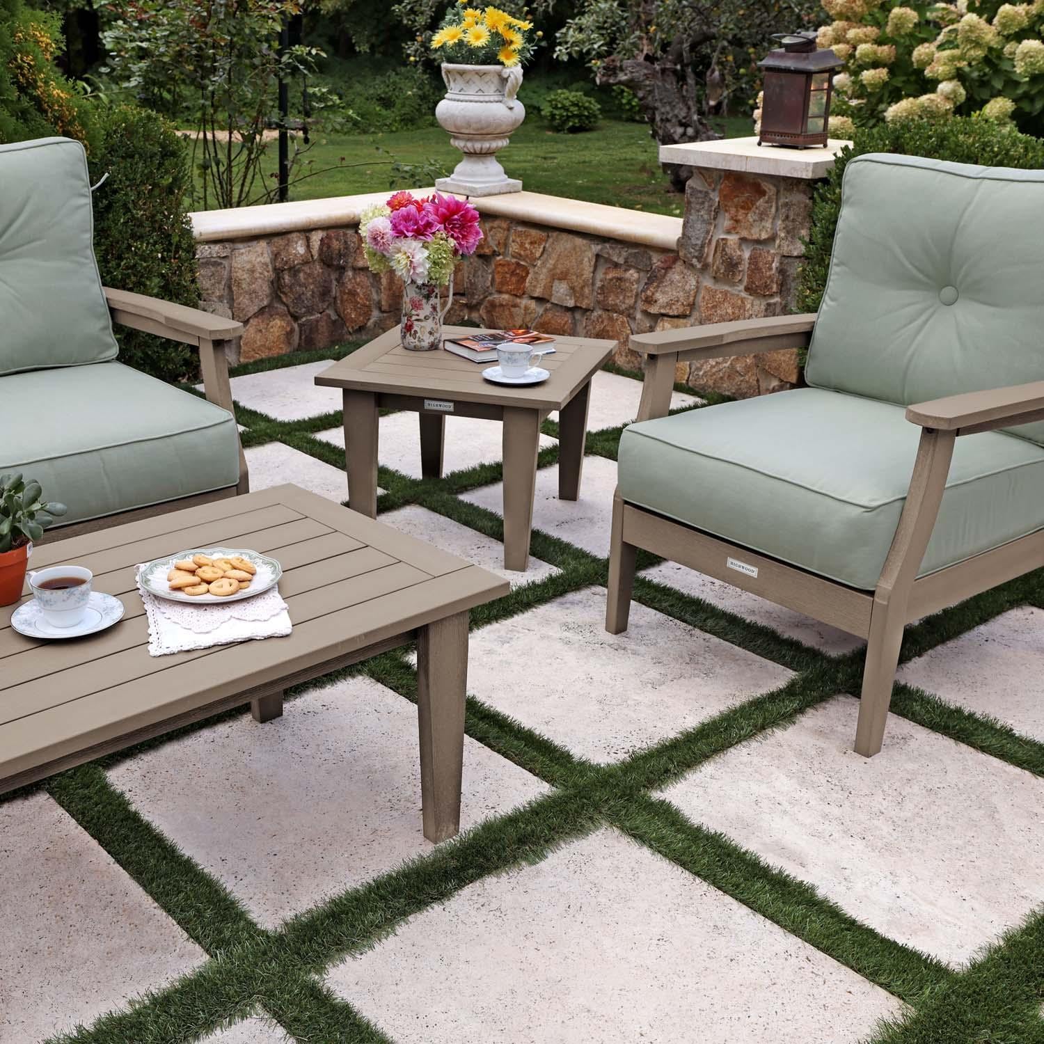 Blushing Bay 4 Pc Recycled Plastic Seating Set in Canvas Seasalt/Woodland Brown by Lakeview Outdoor Designs - Close Up End Table - Lifestyle thumbnail