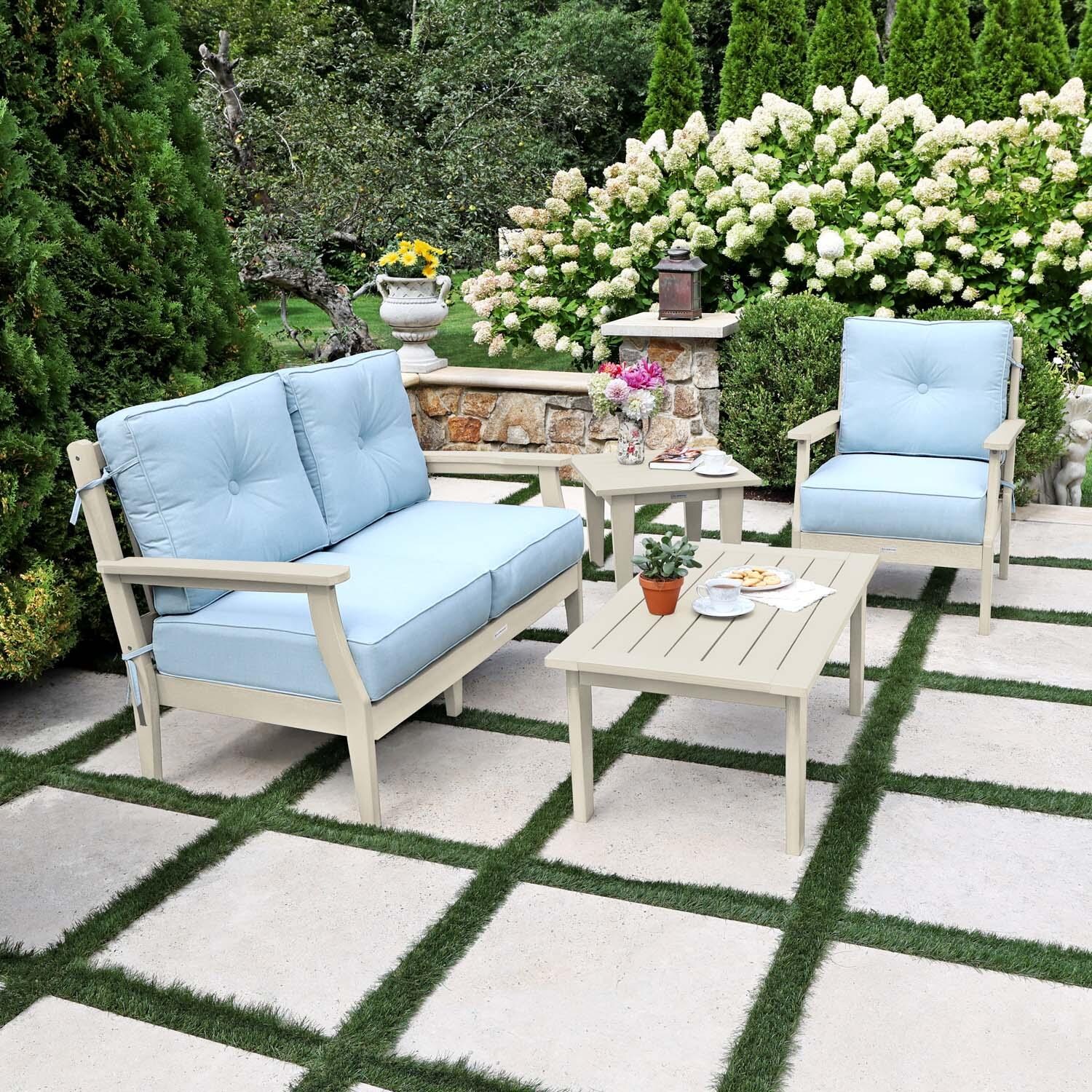 Blushing Bay 4 Pc Recycled Plastic Seating Set in Bliss Dew/Whitewash by Lakeview Outdoor Designs - Side View - Lifestyle thumbnail