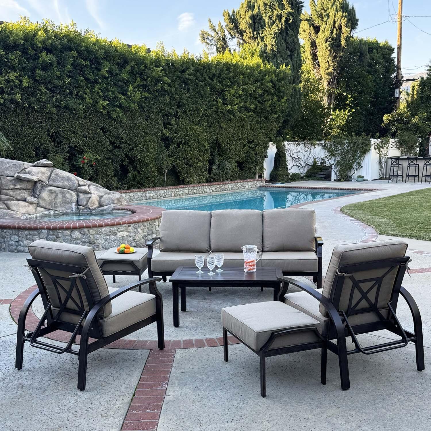 Atlantis 6 Pc Aluminum Seating Set w/ Rectangular Coffee Table in Walnut/Beige by Darlee - Lifestyle thumbnail