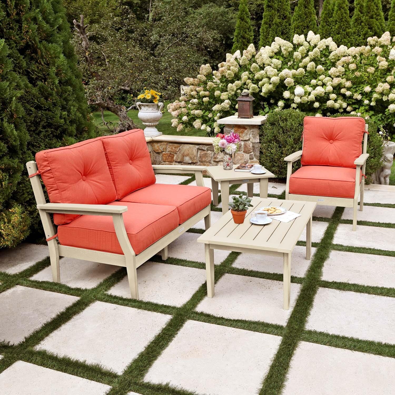 Blushing Bay 4 Pc Recycled Plastic Seating Set in Canvas Persimmon/Whitewash by Lakeview Outdoor Designs - Side View - Lifestyle thumbnail