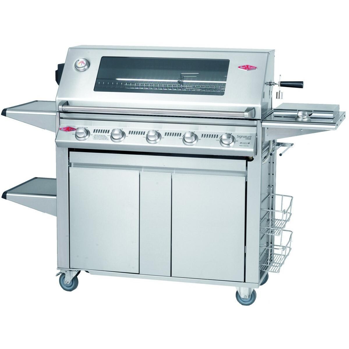 BeefEater Signature Premium 38-Inch 5-Burner Propane Gas Grill On Cabinet Trolley Cart W/ Shelves