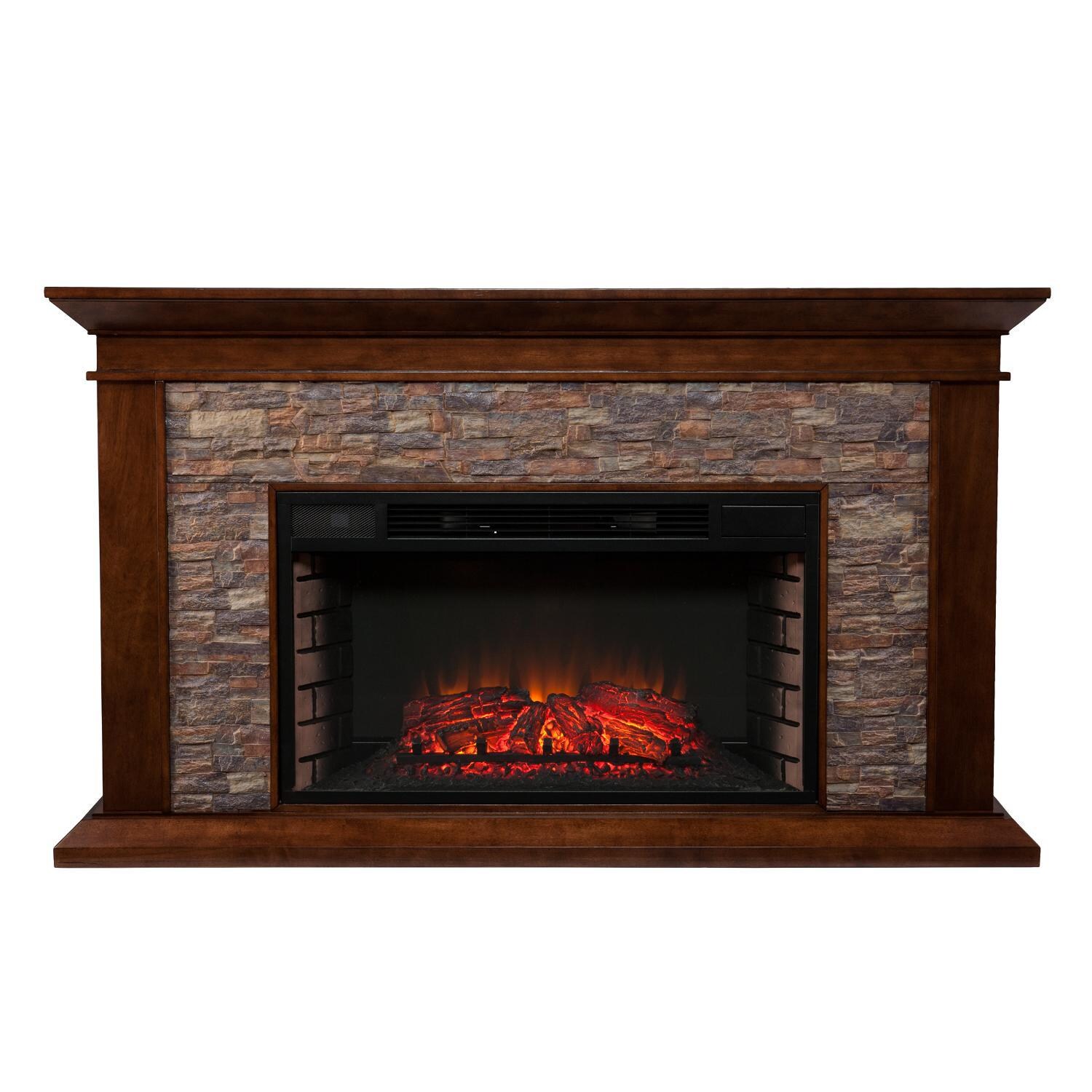 Southern Enterprises Canyon Heights 60-Inch Electric Fireplace Mantel - Whiskey Maple W/ Durango Faux Stone - FE9023 - Front View thumbnail