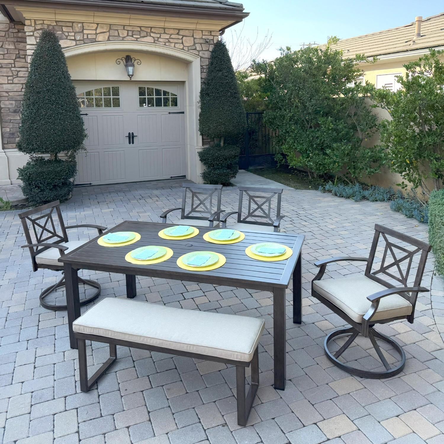 Atlantis 6 Pc Aluminum Dining Set w/ 4 Swivel Rocker Dining Arm Chairs & Two Person Bench in Walnut/Beige by Darlee