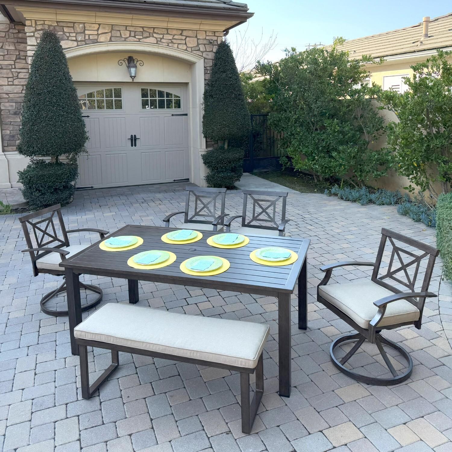 Atlantis 6 Pc Aluminum Dining Set w/ 4 Swivel Rocker Dining Arm Chairs & Two Person Bench in Walnut/Beige by Darlee - Hero - Lifestyle thumbnail