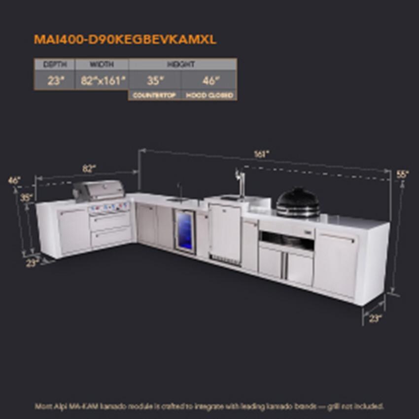 Mont Alpi Deluxe Series 15 Ft L-Shaped Natural Gas Outdoor Kitchen Island w/ 44-in Grill, Side Burner, Beverage Center, Kegerator, Fridge, Kamado Module & Triple Drawer (Ships Propane w/ Conversion Kit) - Dimensions - Dimensional thumbnail