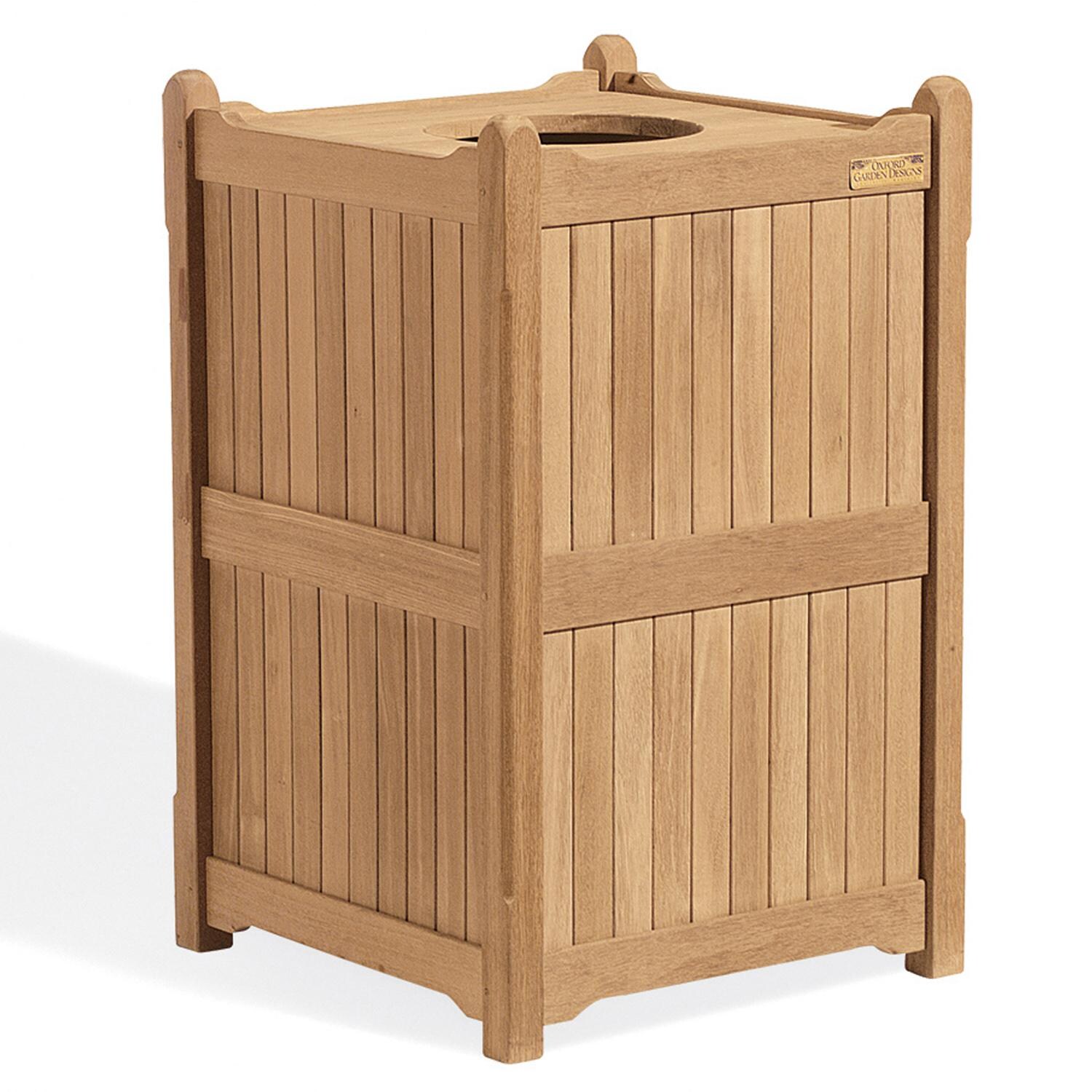 Oxford Garden 21 1/2 Inch Natural Teak Trash Receptacle - Front View thumbnail