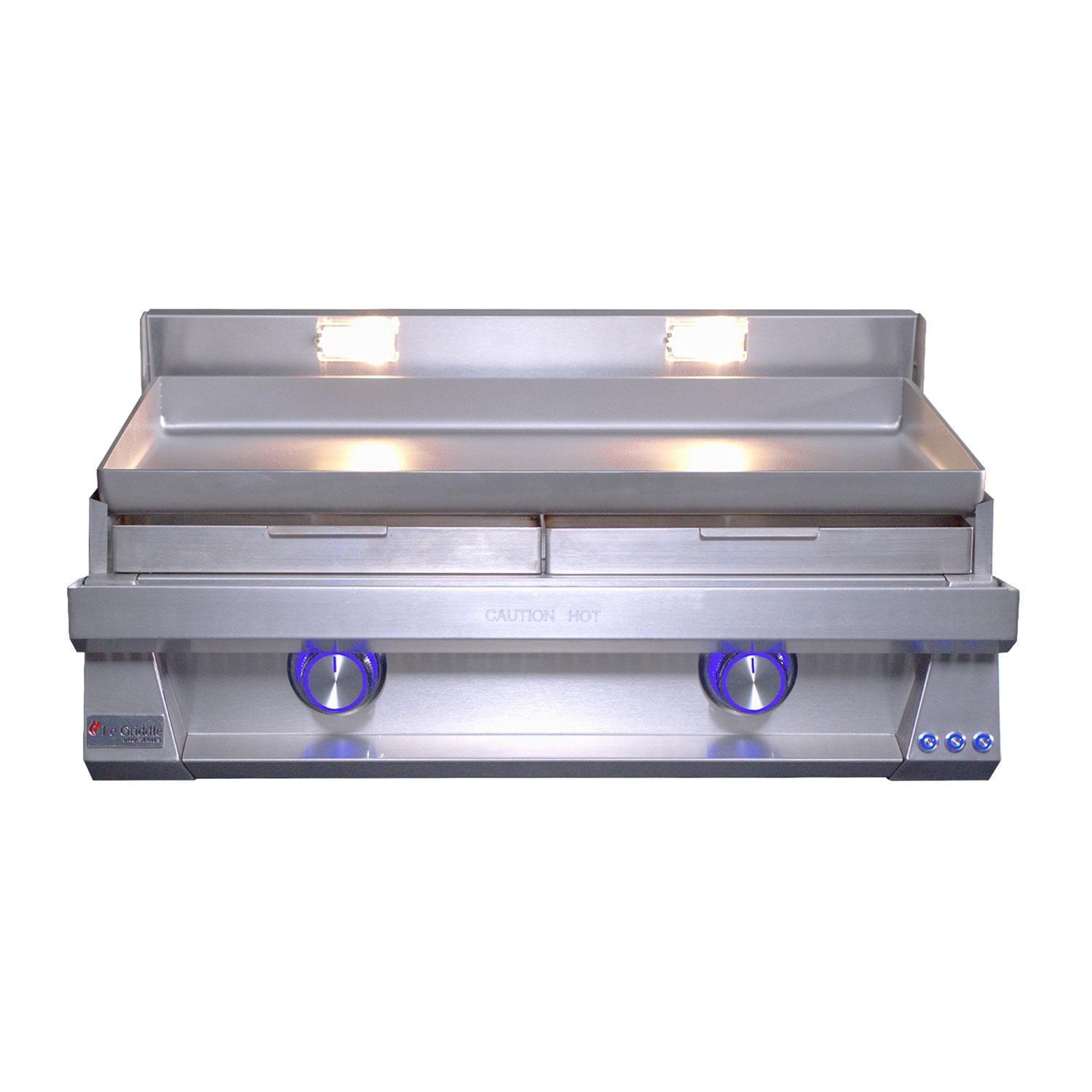 Le Griddle OML75P6 LP Pro Series 75 2 Burner Built-In Propane Flat Top Grill w/ 6mm Plate - Grease Disposal Trays Inserted - White Background thumbnail