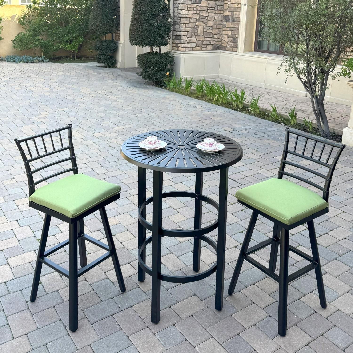 Bella 2 Pc Aluminum Swivel Bar Height Bar Stool Set in Green/Dark Brown by Darlee - Shown w/ Table (Not Included) - Lifestyle thumbnail