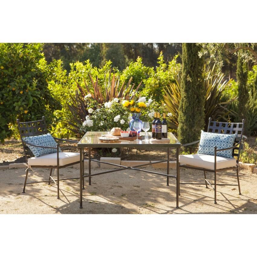 Provence Wrought Iron Dining Arm Chair w/ Self Welt in Pewter/Spectrum Carbon by Sunset West - Shown w/ Square Table (Not Included) - Lifestyle thumbnail
