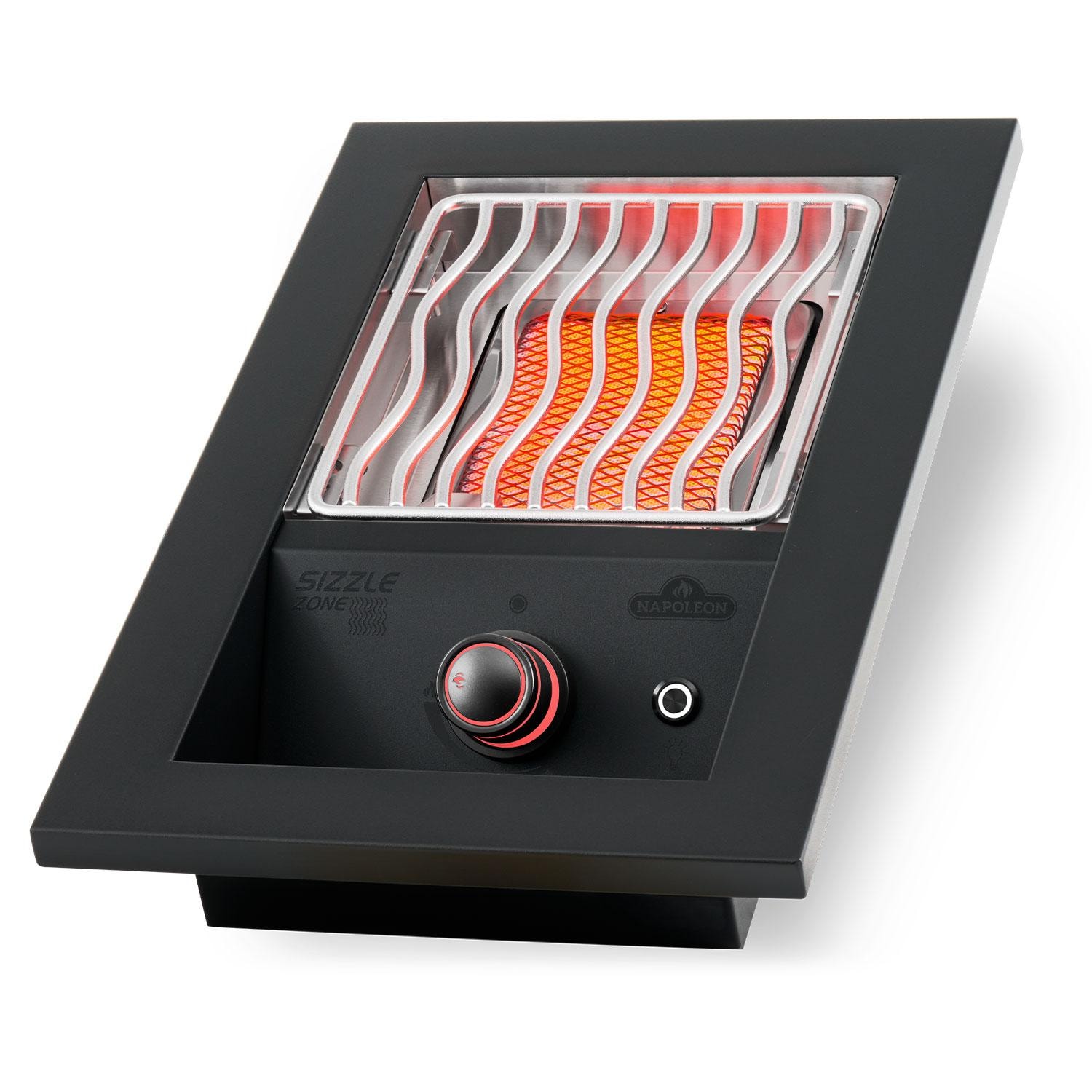 Napoleon BIB10IRPMK 700 Series 10-in Built-In Propane Single Infrared Burner - Matte Black - Angled Left - Burner On - White Background thumbnail