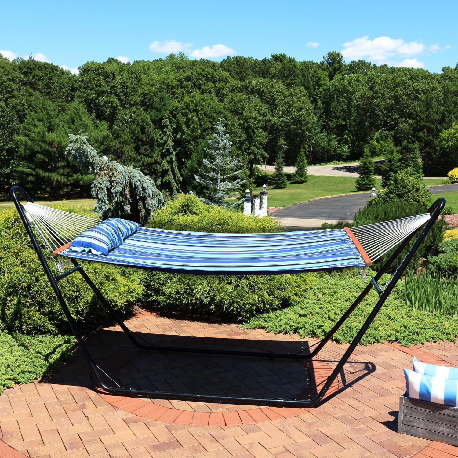 Ultimate Patio Quilted Double Hammock w/ Universal Multi-Use Stand & Pillow - Misty Beach - Lifestyle thumbnail