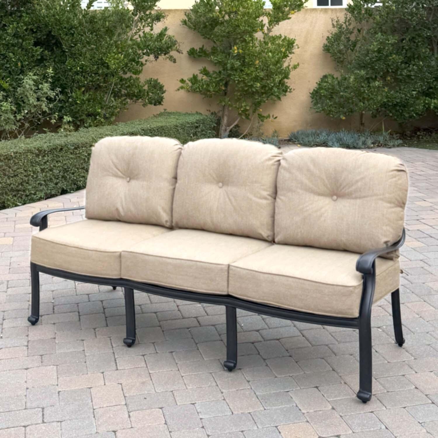 Darlee Elisabeth 5 Pc Cast Aluminum Seating Set w/ Series 30 Coffee Table & End Table in Antique Bronze/Beige Canvas - Sofa - Lifestyle thumbnail
