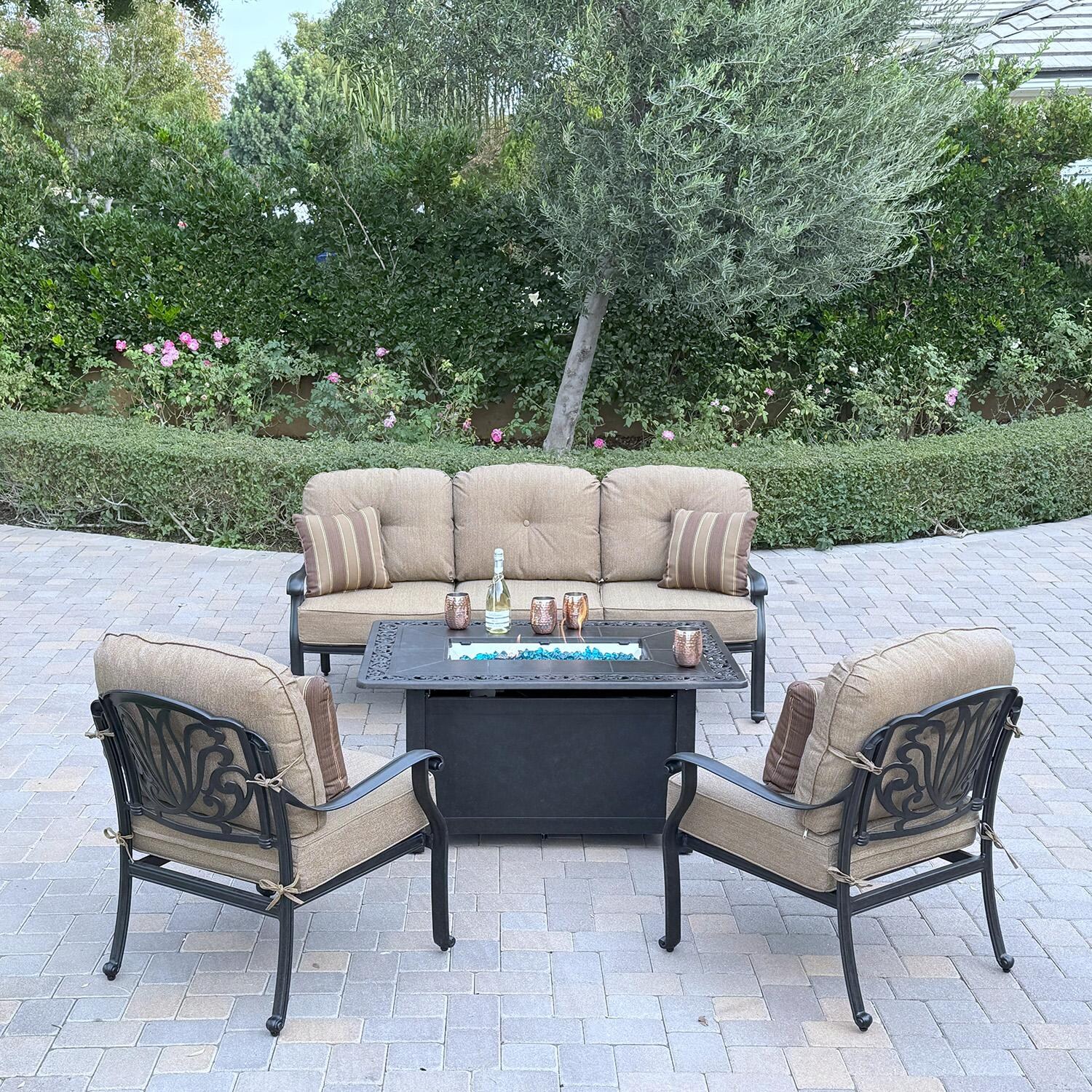 Elisabeth 4 Pc Cast Aluminum Fire Pit Seating Set w/ 2 Club Chairs and Sofa in Antique Bronze/Beige by Darlee