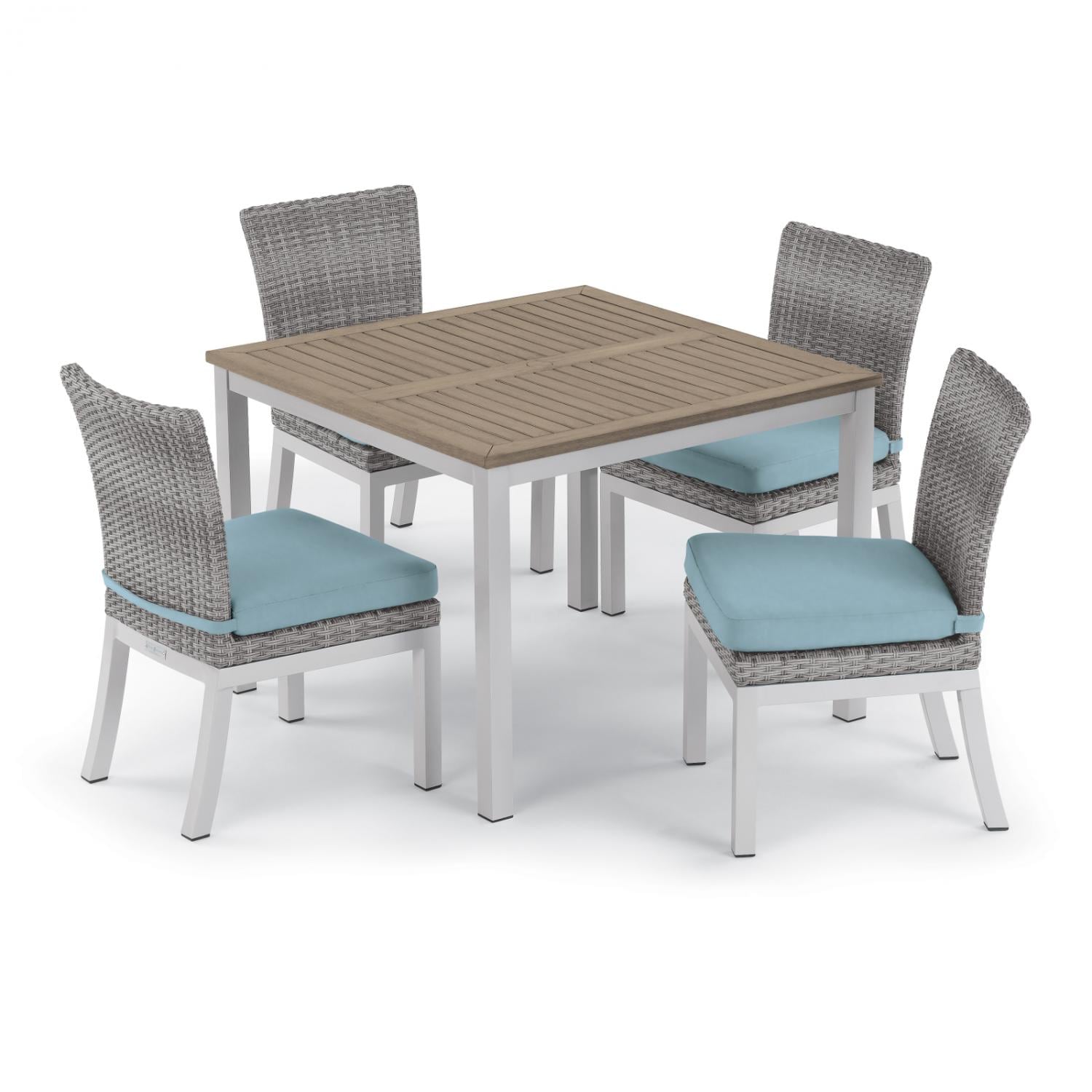 Argento 5 Piece Wicker Patio Dining Set W/ 39 Inch Square Tekwood Vintage Table, Side Chairs & Ice Blue Cushions By Oxford Garden thumbnail