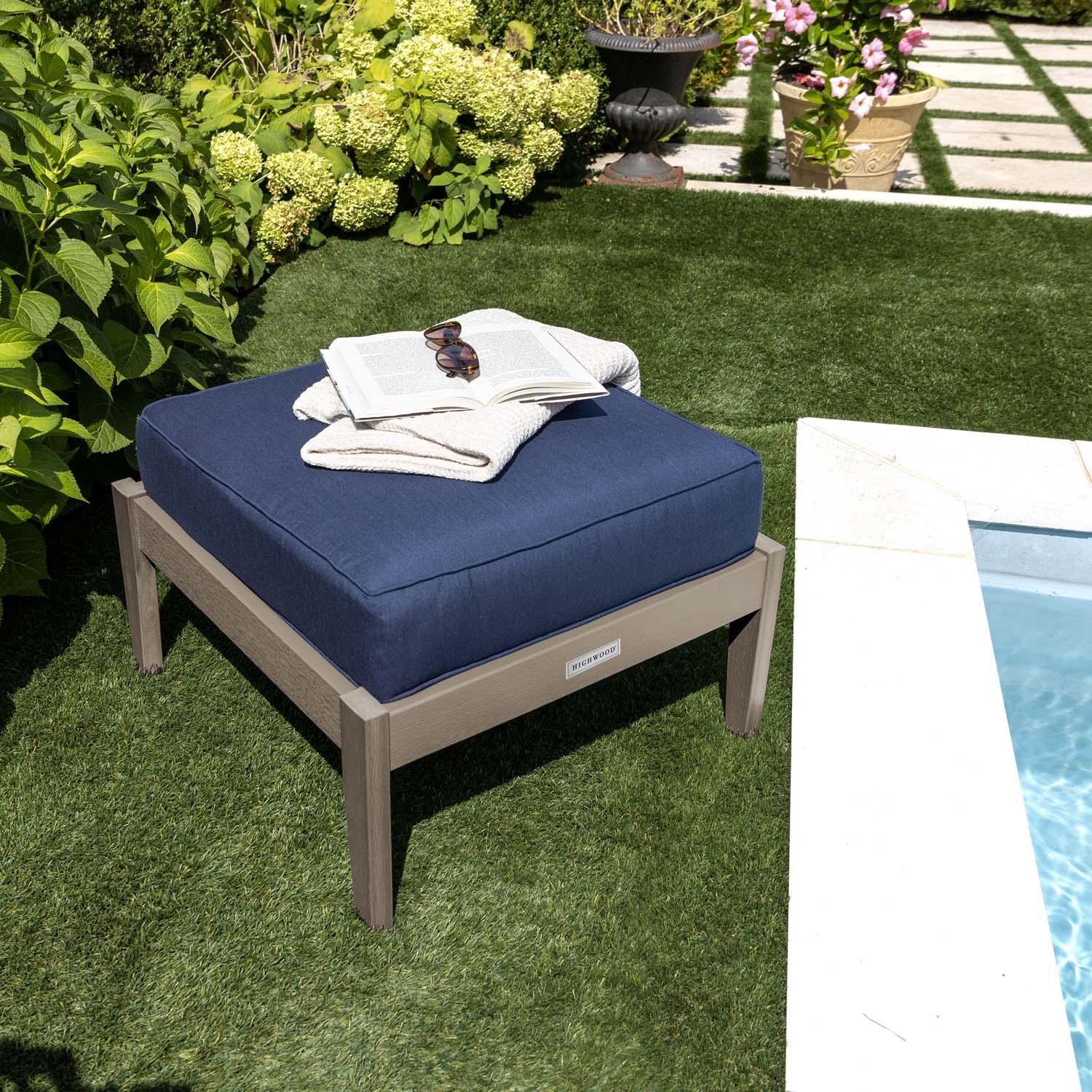 Blushing Bay Recycled Plastic Ottoman in Spectrum Indigo/Woodland Brown by Lakeview Outdoor Designs - By Pool Close Up - Lifestyle thumbnail