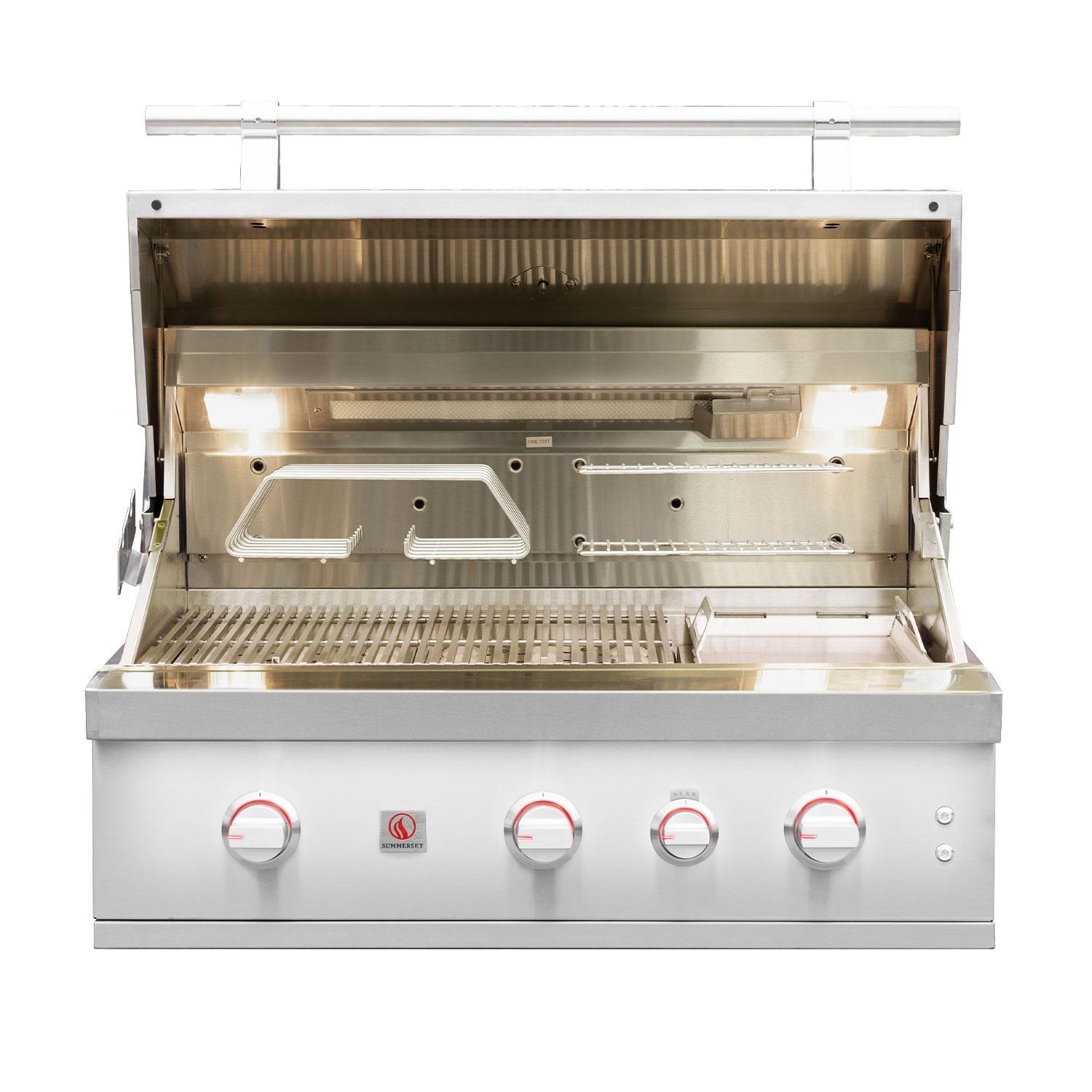 Summerset QST36-NG Quest 36-in 2 Burner Built-In Natural Gas Grill w/ Rear Infrared Burner, Rotisserie Kit, & Drop-In Griddle Plate - Interior View - Rear Burner - On - White Background thumbnail