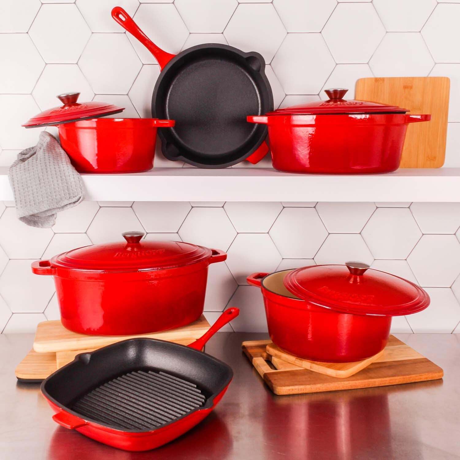 BergHOFF 8-in Neo Cast Iron 3 Qt. Round Dutch Oven w/ Lid - Red - Shown w/ Set (Sold Separately) - Lfiestyle