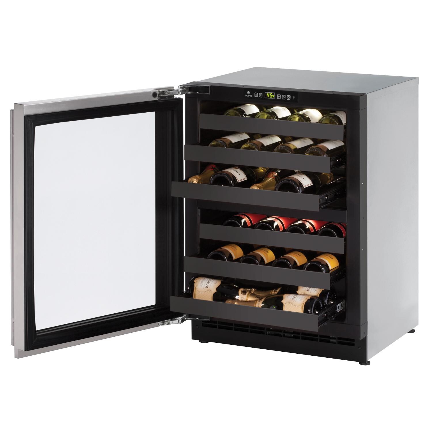 U-Line 24-Inch 43 Bottle Built-In / Freestanding Left Hinge Dual Zone Wine Captain With Lock - Stainless Steel - U-2224ZWCS-15B - Open View thumbnail