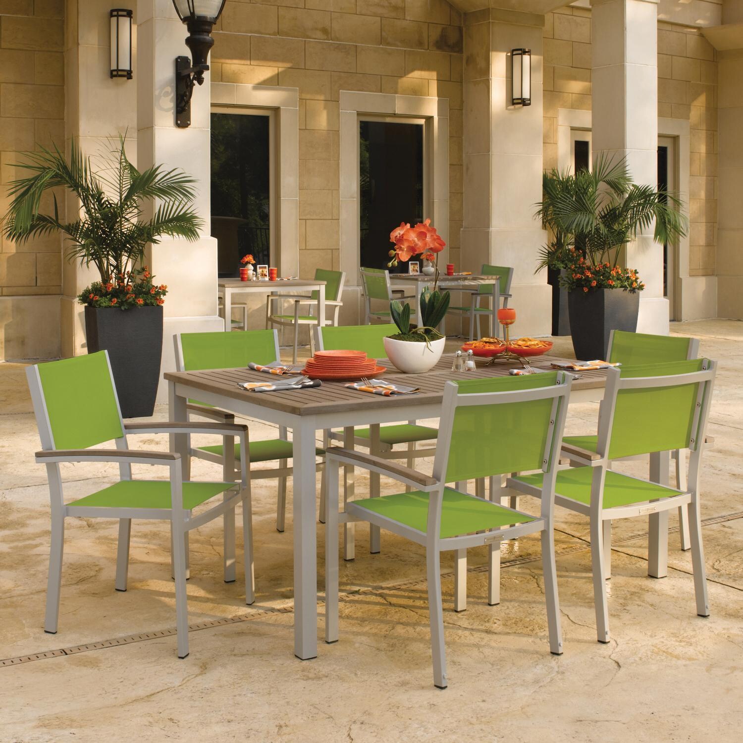 Oxford Garden Travira 7 Piece Flint Aluminum Patio Dining Set W/ Go Green Sling Armchairs & 63-Inch Rectangular Vintage Tekwood Table