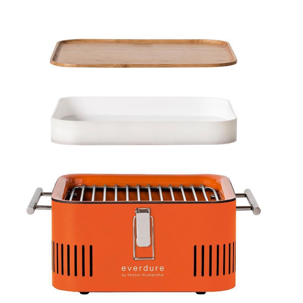 Everdure HBCUBEOUS Orange CUBE 17 Inch Portable Charcoal Grill - Deconstructed View - White Background thumbnail
