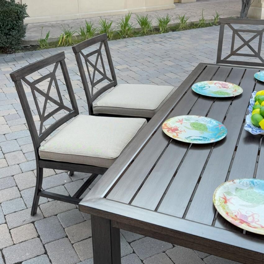 Atlantis Aluminum Dining Side Chair Set of 2 w/ Beige Cushions in Walnut By Darlee - Shown at Table From Left - Lifestyle thumbnail