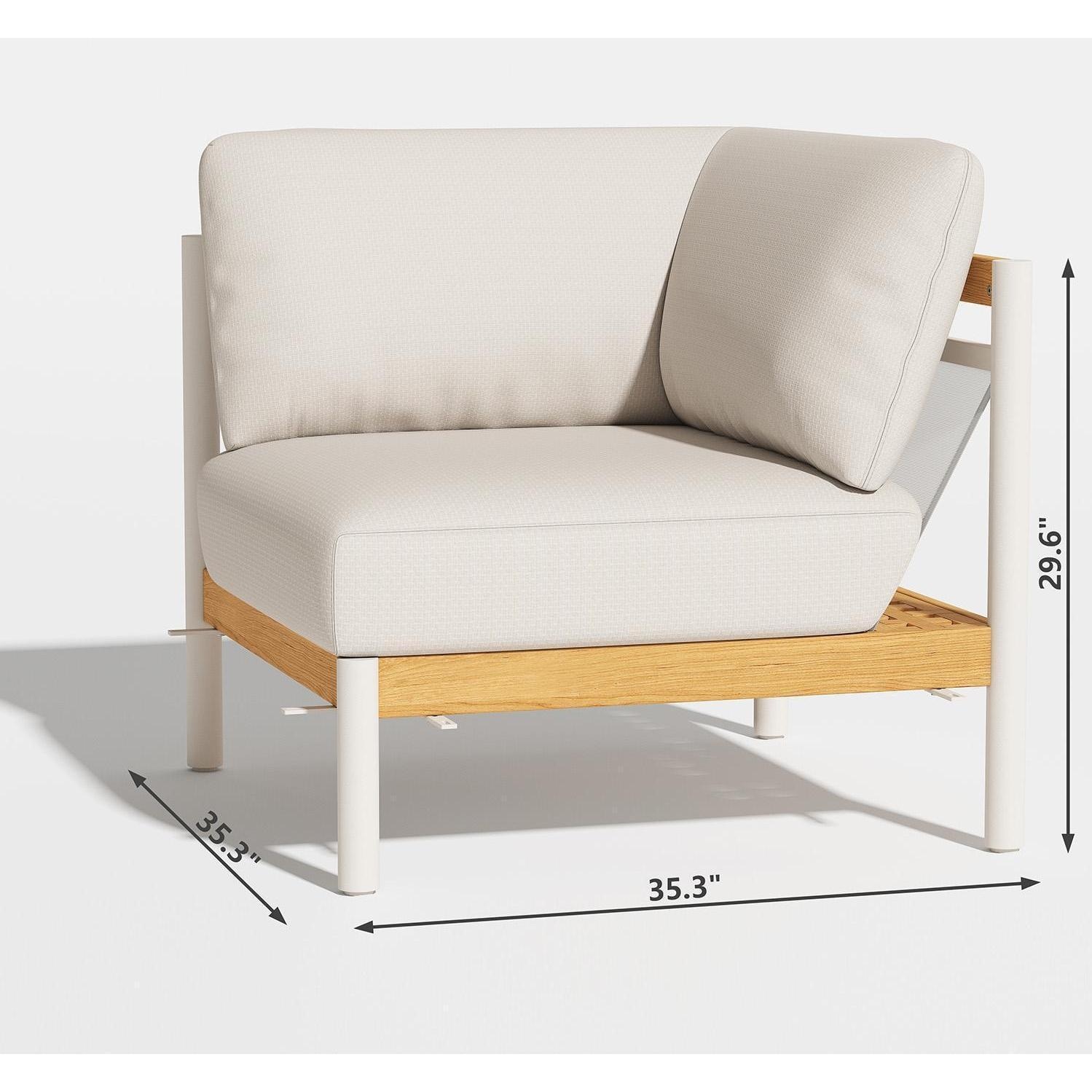Carolton 6 Pc Aluminum Seating Set in White & Wood By Lakeview Outdoor Designs - Corner Seat - Dimensional thumbnail