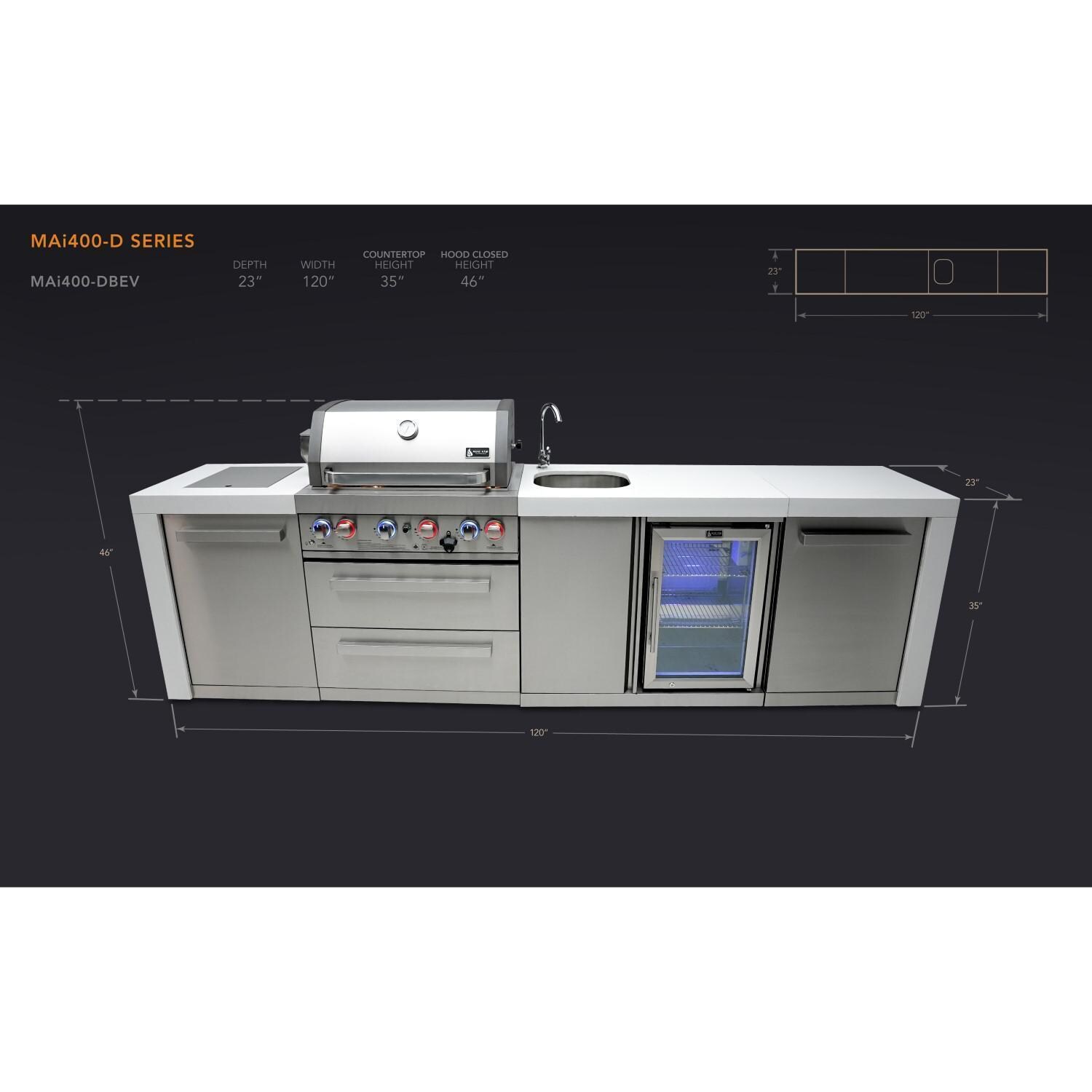 Mont Alpi - MAi400-DBEV - Mont Alpi 400 Deluxe Propane Gas Island Grill W/ Beverage Center, Infrared Side burner, and Rotisserie Kit - Dimensional thumbnail