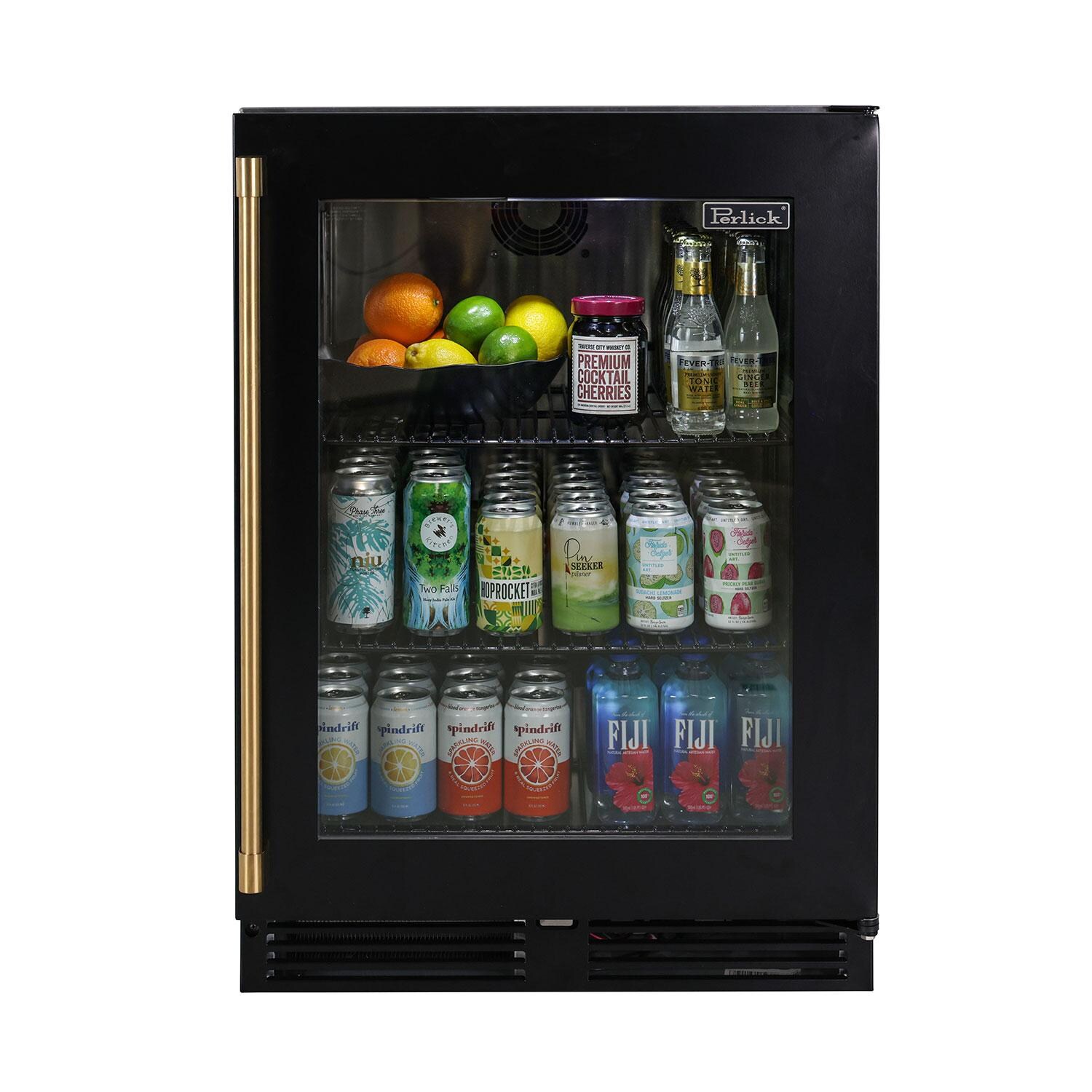 Perlick 24 Inch 5.2 Cu. Ft. Signature Series Marine & Coastal Series Stainless Steel Glass Door Outdoor Refrigerator W/ Door Lock & Factory Installed Matte Black Glass Door - Left Hinge