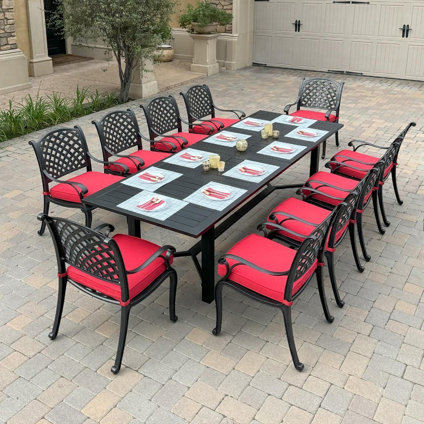 Nassau 11 Pc Cast Aluminum Dining Set in Antique Bronze w/ Red Cushions By Darlee
