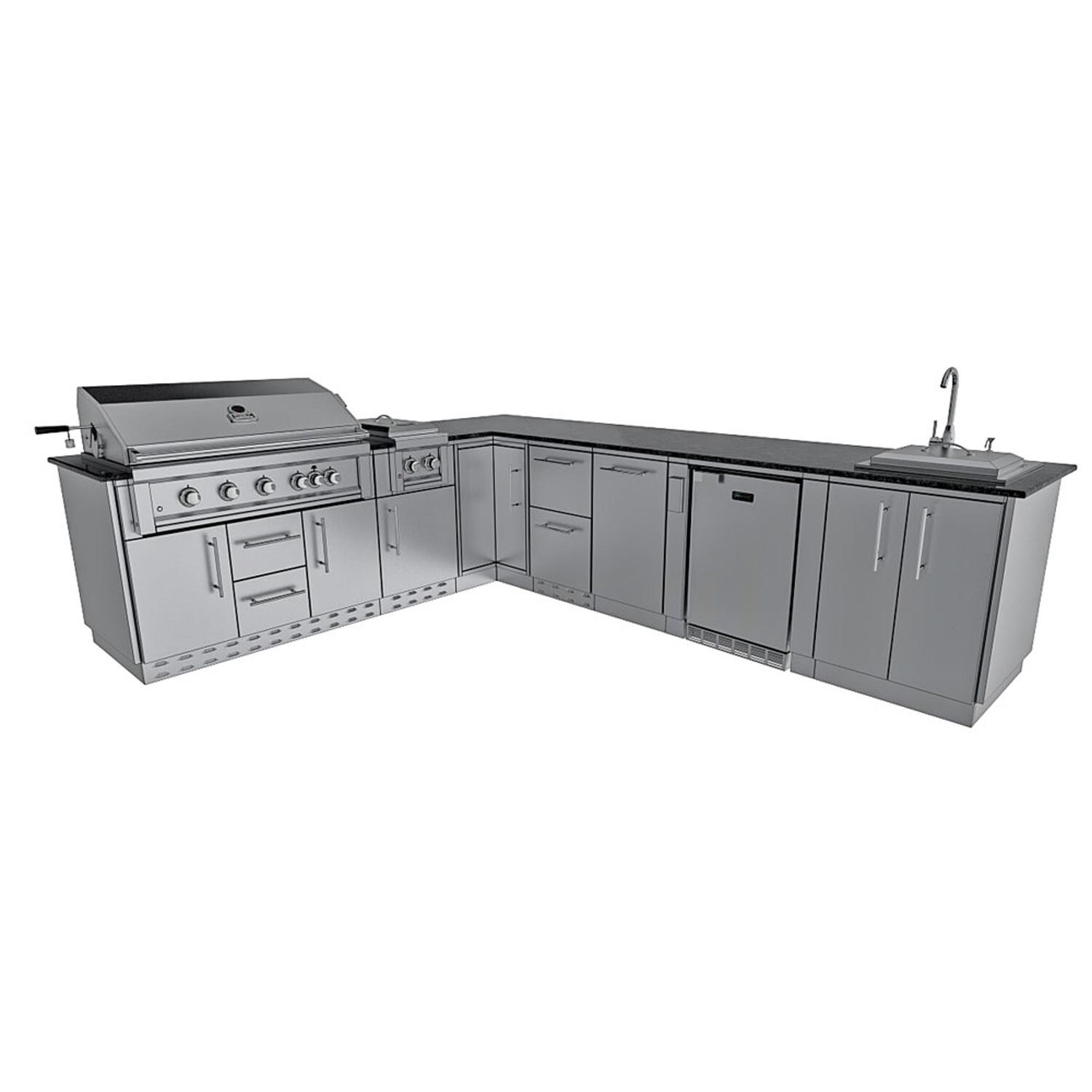 Sunstone Grills SCPRANCHER8.10BY11-LP Rancher 11 Ft Outdoor Kitchen Island w/ Propane Grill & Side Burner, Sink, Refrigerator, Trash Bin, Door & Drawer - Island Angle - White Background thumbnail