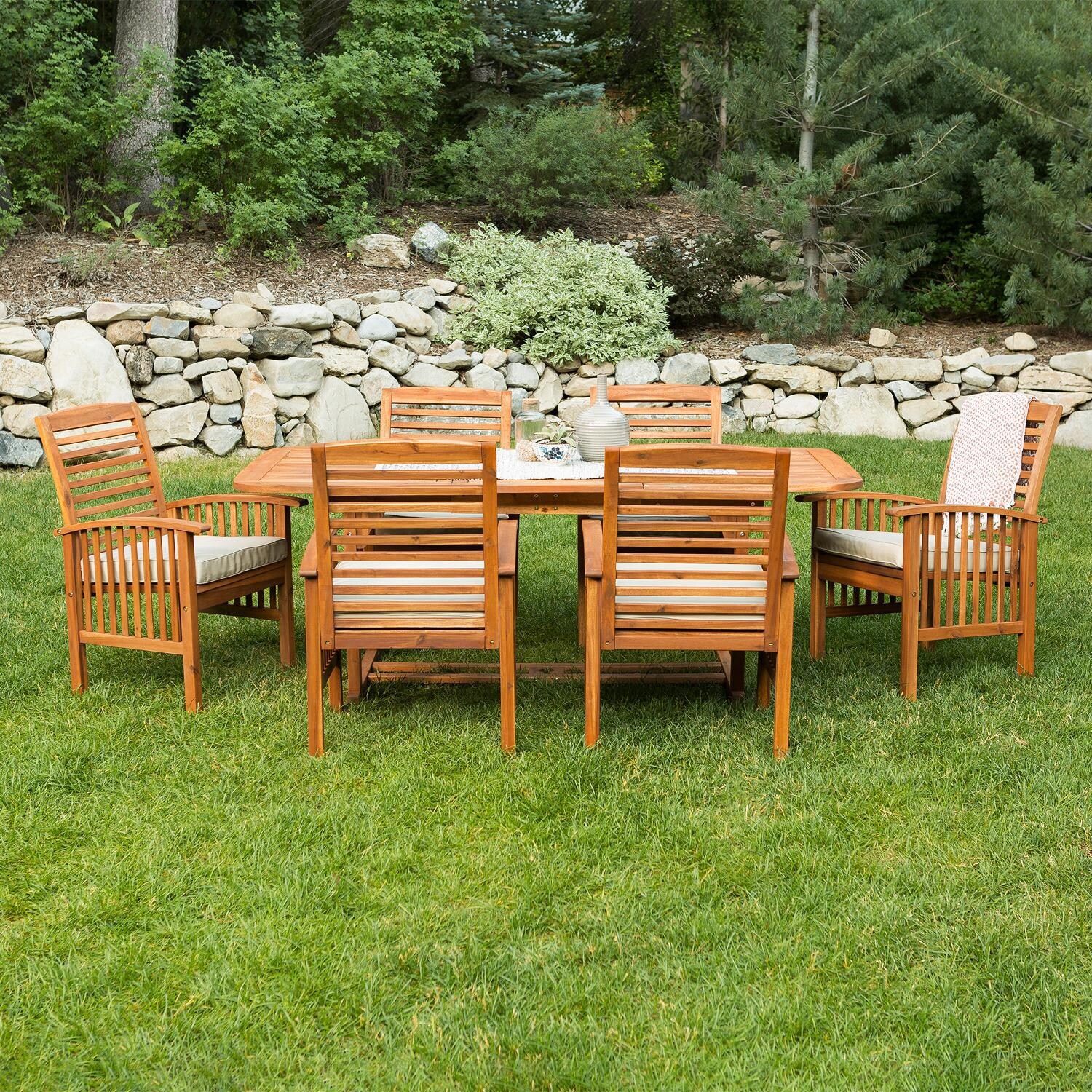 Ultimate Patio Horizon Way 7 Piece Brown Acacia Patio Dining Set W/ 55 x 35 Inch Extension Table & Natural Cushions