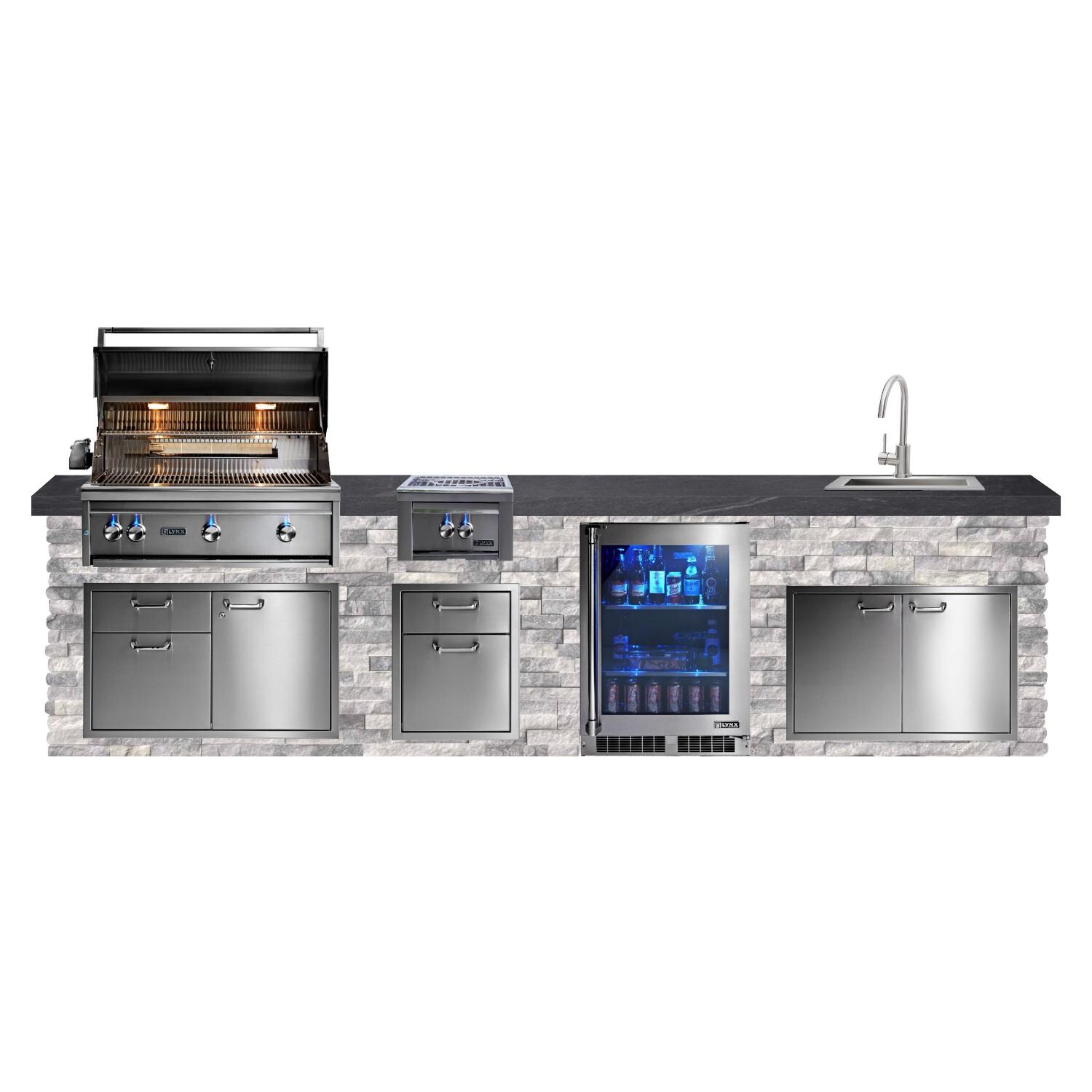 BBQGuys Signature 12ft Luxury Outdoor Kitchen w/ Lynx Professional 36-Inch Propane Grill, 21-Inch Sink & Refrigerator - Alaska Gray Stone w/ Black Polished Granite - White Background thumbnail