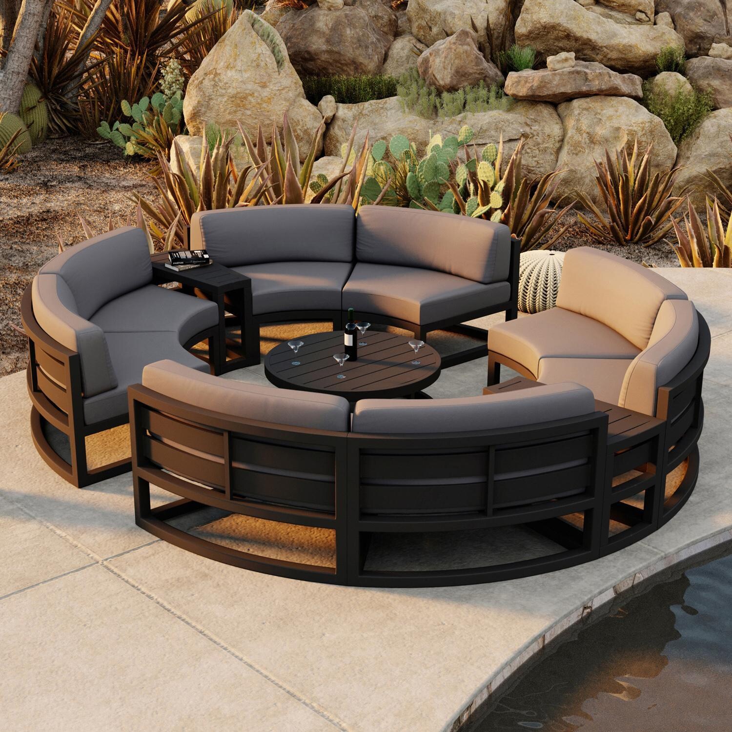 Lakeview MSTYCV-BK-7CSEC-CC Misty Cove 7 Pc Aluminum Curve Sectional Set in Black w/Coffee Table & Canvas Charcoal Cushions by Lakeview Outdoor Designs - Set by the Pool - Lifestyle thumbnail