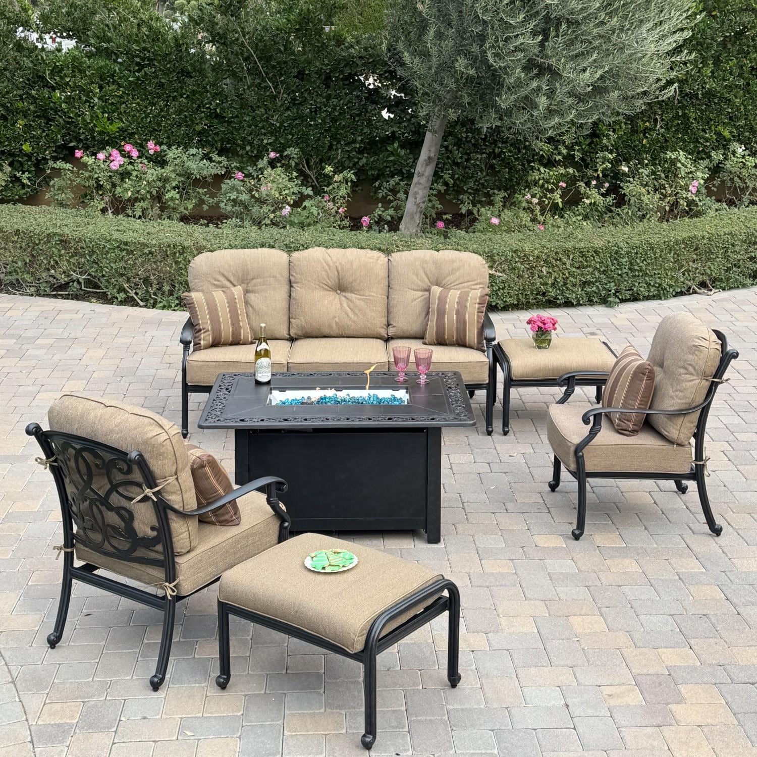 Darlee Santa Monica 6 Pc Cast Aluminum Fire Pit Seating Set w/ 2 Club Chairs, Sofa, and 2 Ottomans in Antique Bronze/Beige Canvas by