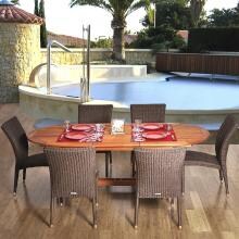 Lemans 7 Piece Resin Wicker Patio Dining Set W/ 63 X 35 Inch Oval Extension Table And Stacking Chairs By Amazonia image