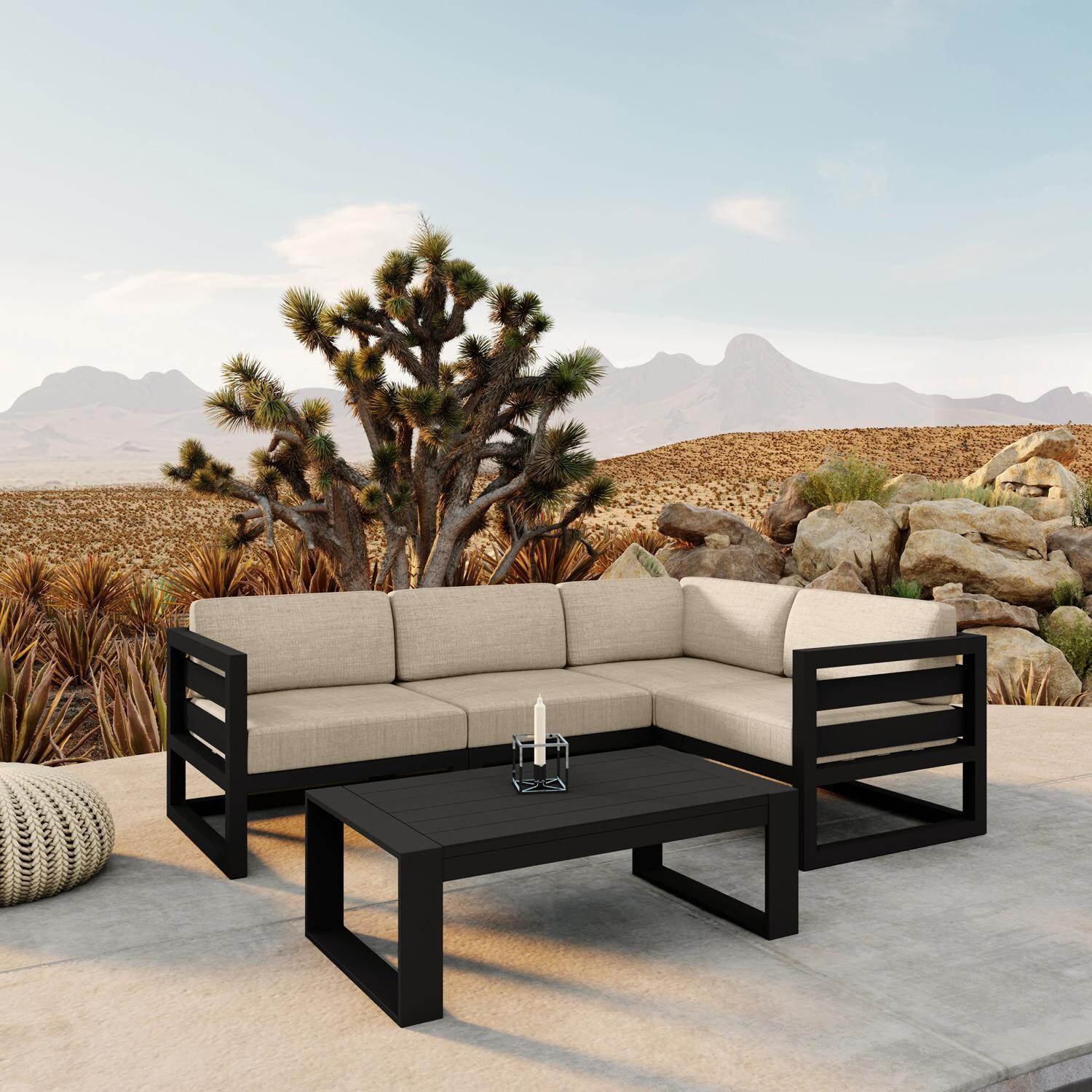 Misty Cove 5 Pc Aluminum Seating Set w/ Sectional & Portal Coffee Table in Black/Canvas Flax by Lakeview Outdoor Designs