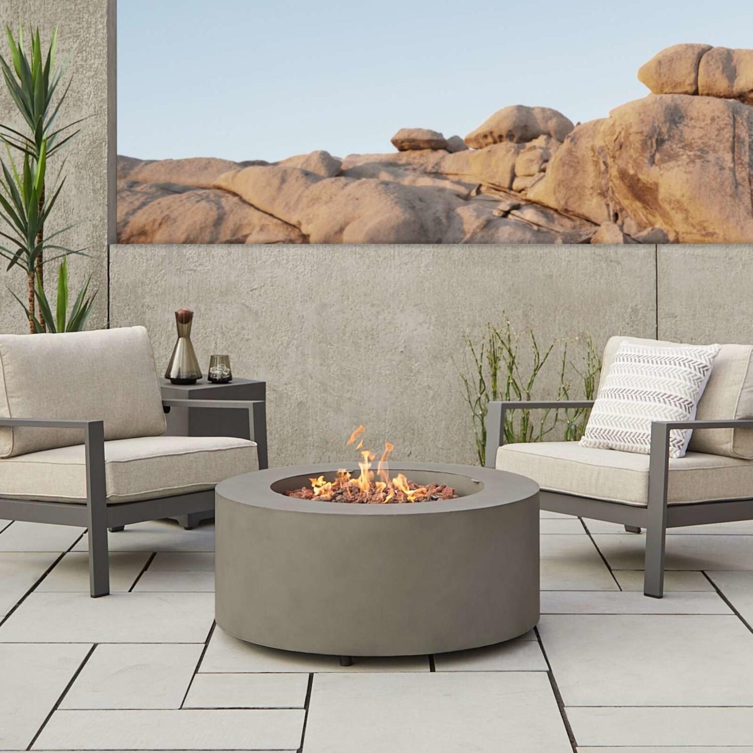 Elysian 4 Pc Powder Coated Steel Seating Set w/ 36 Inch Round Fire Pit in Mist Gray by Lakeview - Set - Lifestyle thumbnail