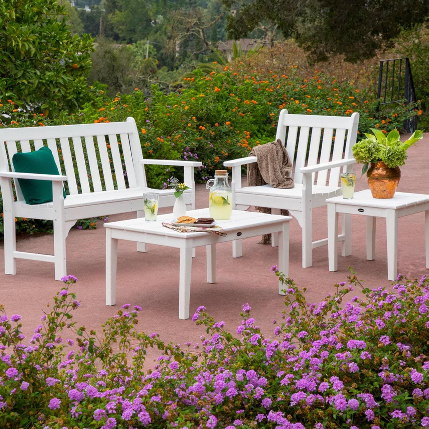POLYWOOD White Vineyard 4-Piece Bench Seating Set - Back Patio - Lifestyle thumbnail