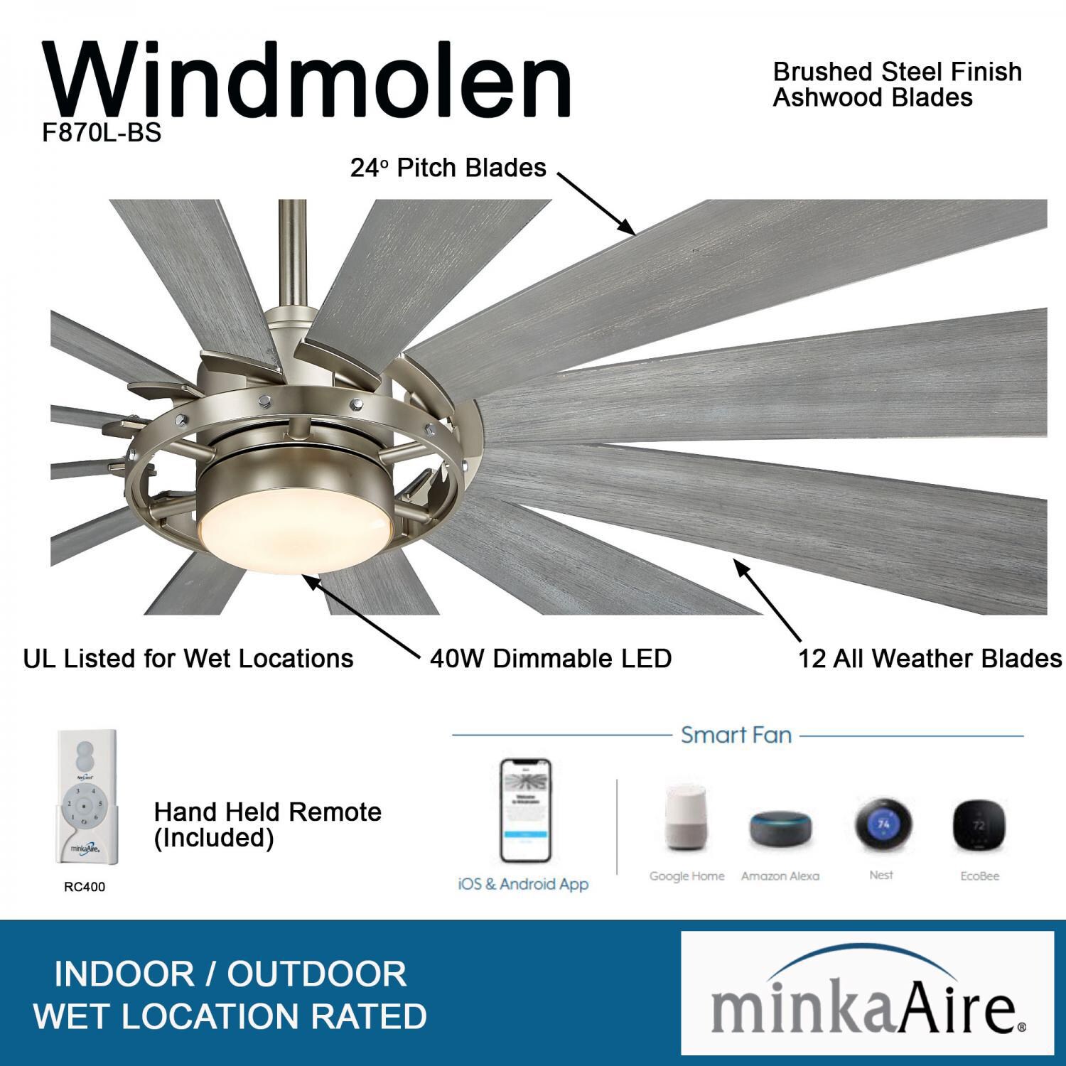 Minka-Aire F870L-BS Windmolen 65-Inch 12-Blade LED Ceiling Fan in Brushed Steel Finish w/ Ashwood Blades & Etched Lens - Details thumbnail