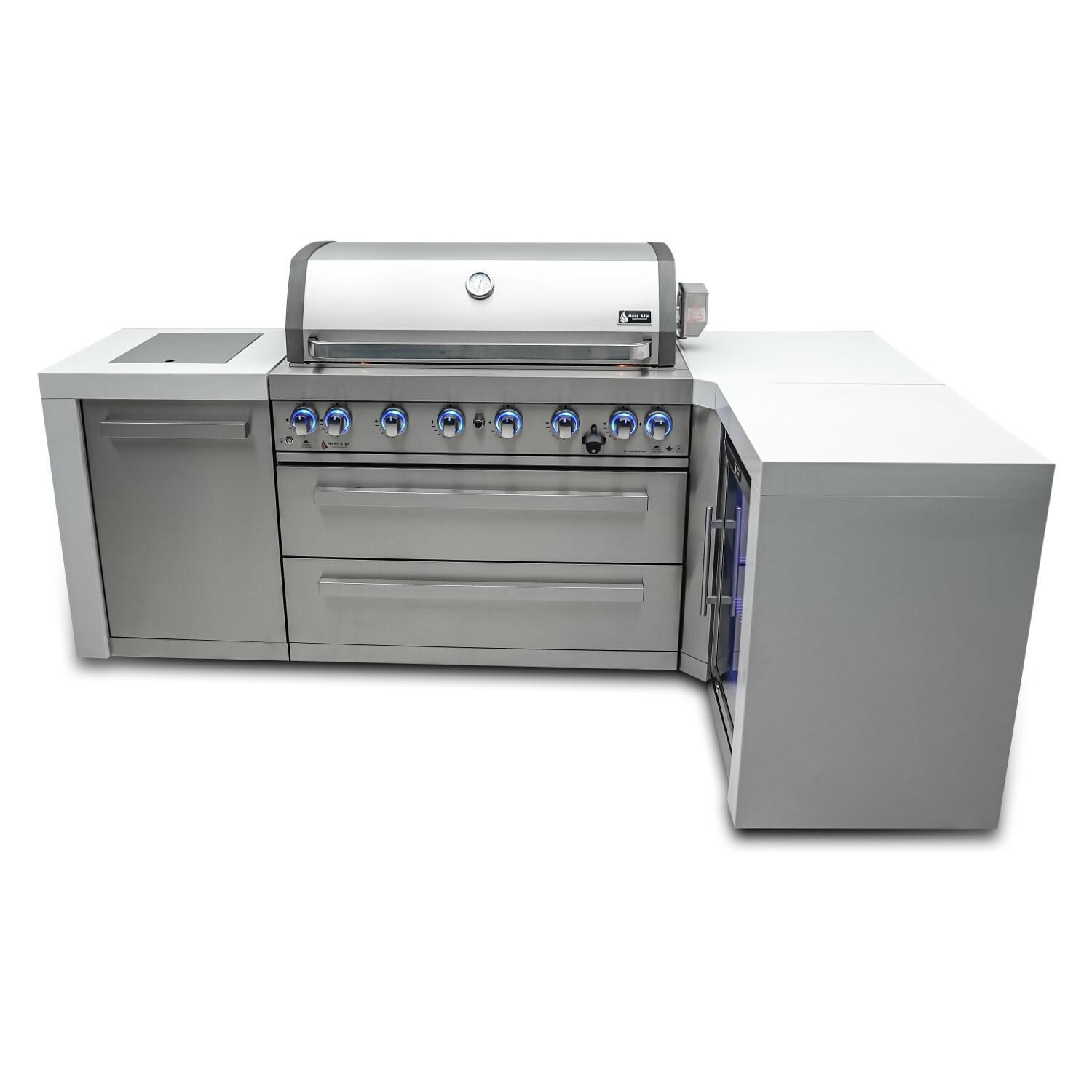 Mont Alpi - MAi805-D90FC - Deluxe 90 Degree Propane Gas Island Grill W/ Refrigerator Cabinet, Infrared Side Burner, & Rotisserie Kit - White Background thumbnail