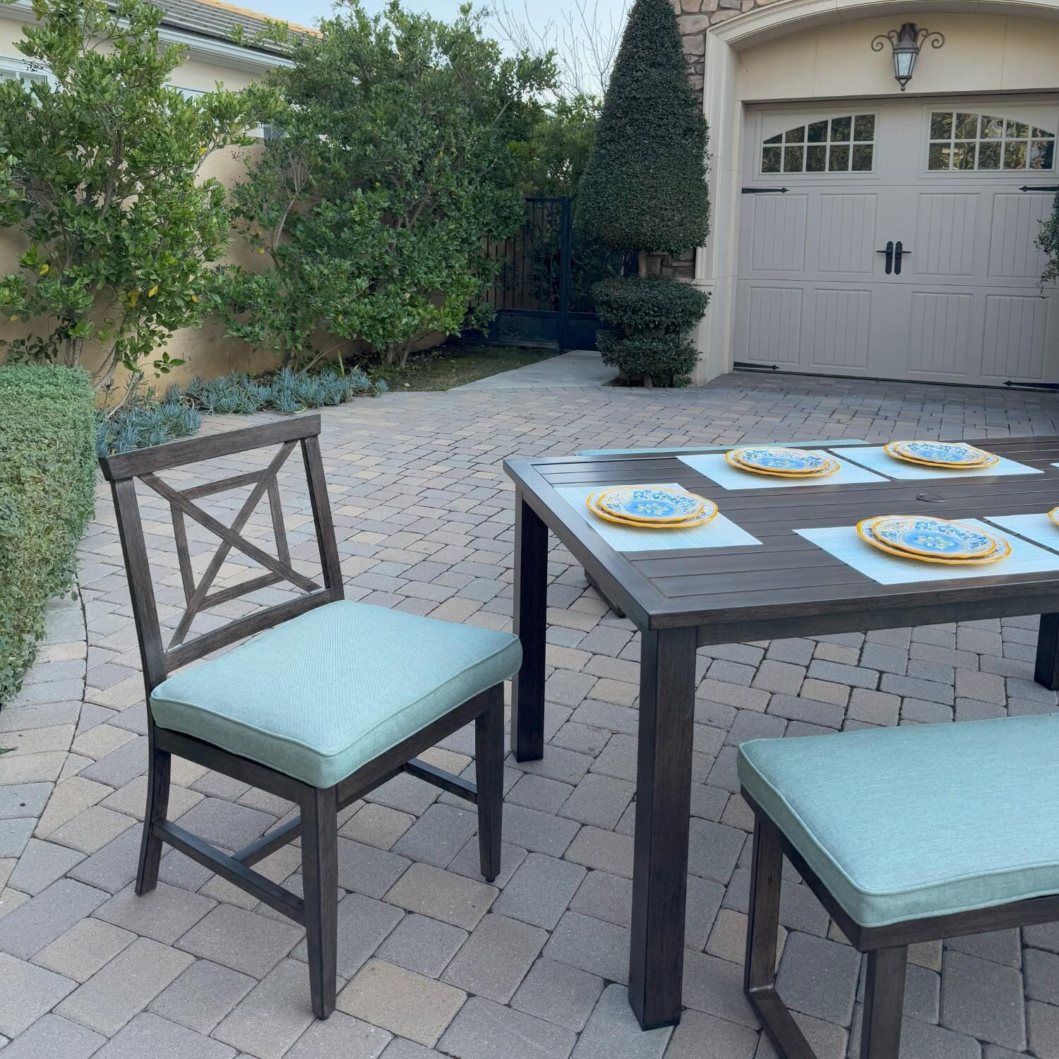 Atlantis 5 Pc Aluminum Dining Set w/ 2 Dining Side Chairs & 2 Two Person Benches in Walnut/Spa by Darlee - Chair Side - Lifestyle thumbnail