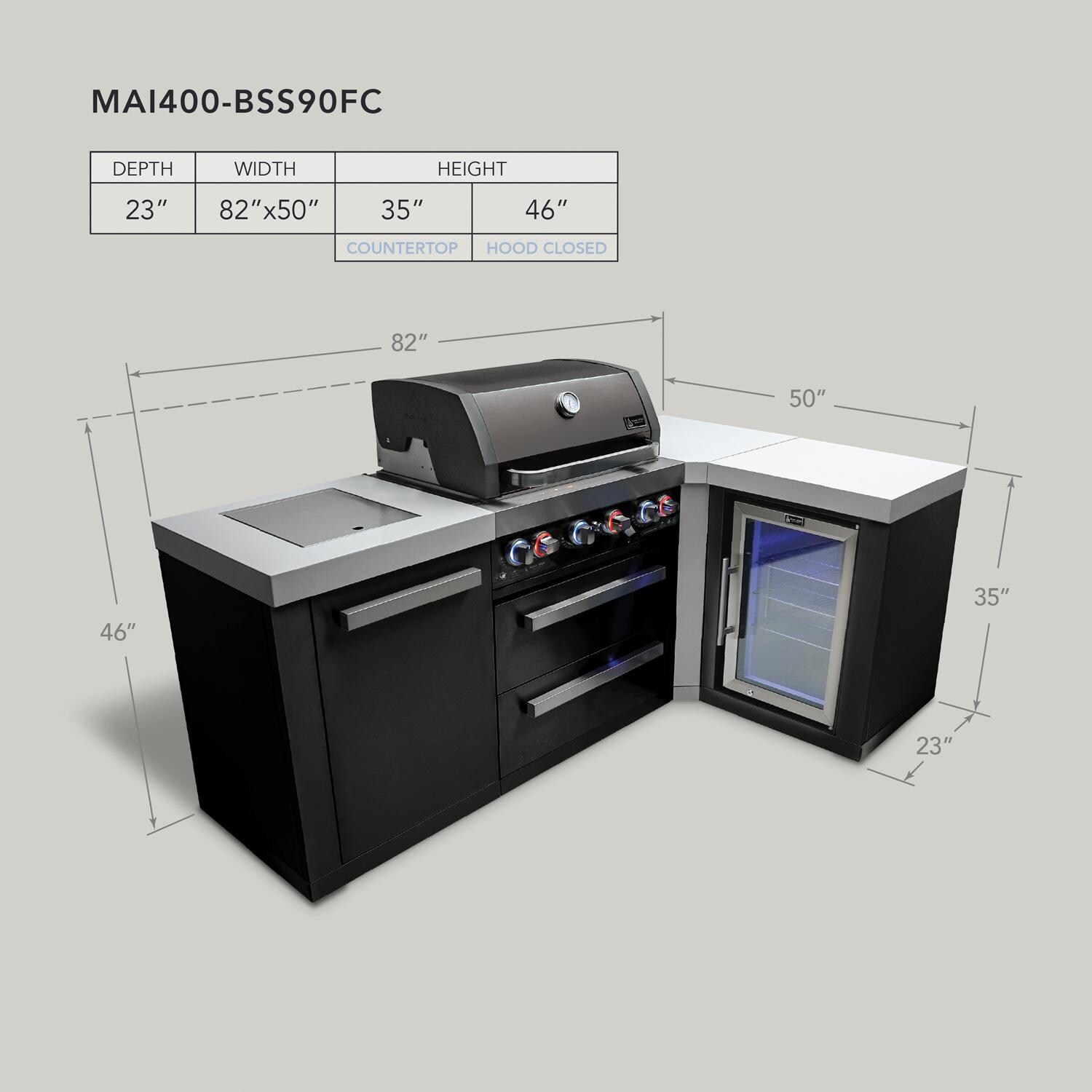 Mont Alpi MAi400-BSS90FC Black Series 7 1/2 Ft L-Shaped Propane Outdoor Kitchen Island w/ Side Burner & Fridge - Dimensions - Dimensional thumbnail