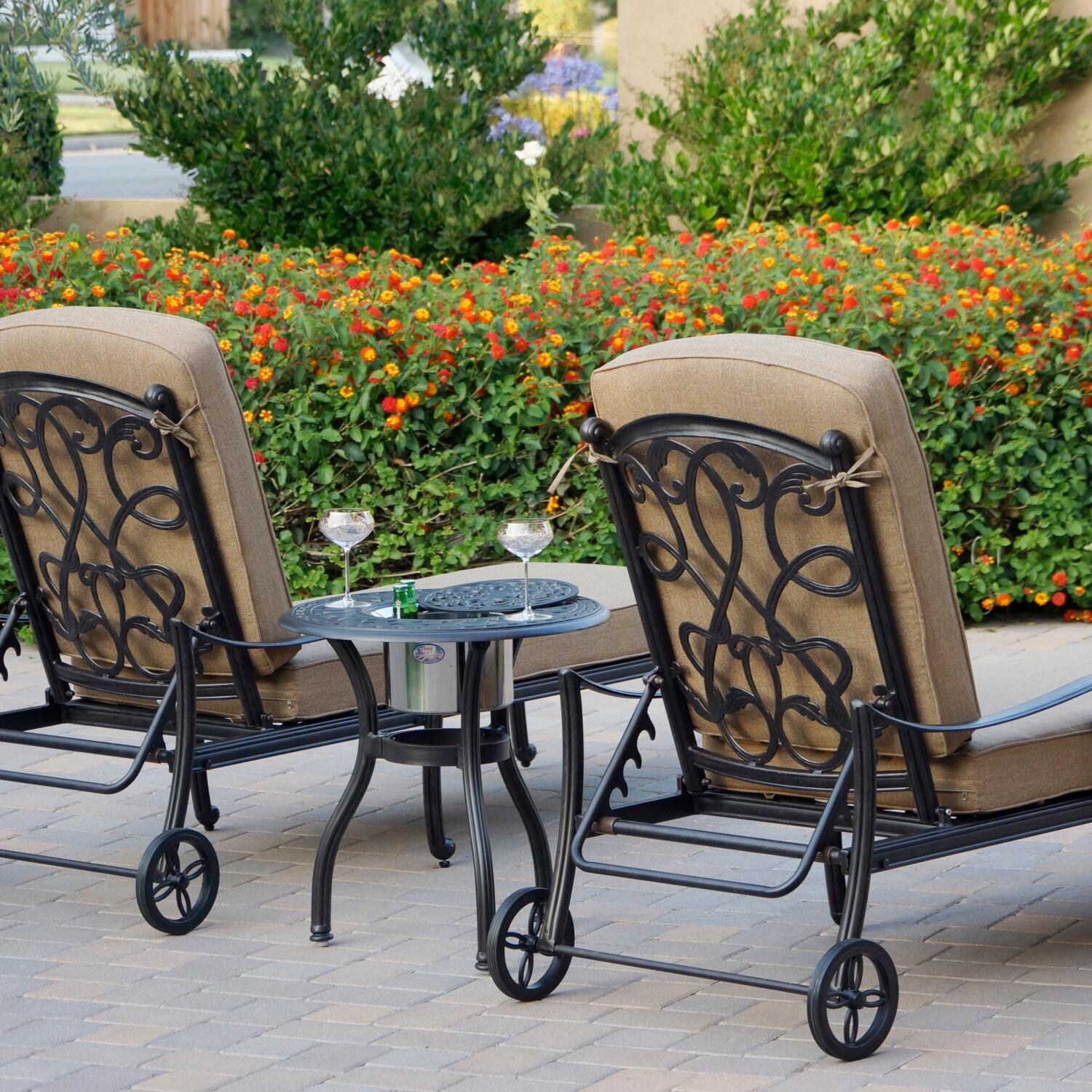 Darlee DL2052-3PC-3360RQ Santa Monica 3 Piece Cast Aluminum Chaise Lounge Set W/ Ice Bucket Insert & Sesame Cushions thumbnail
