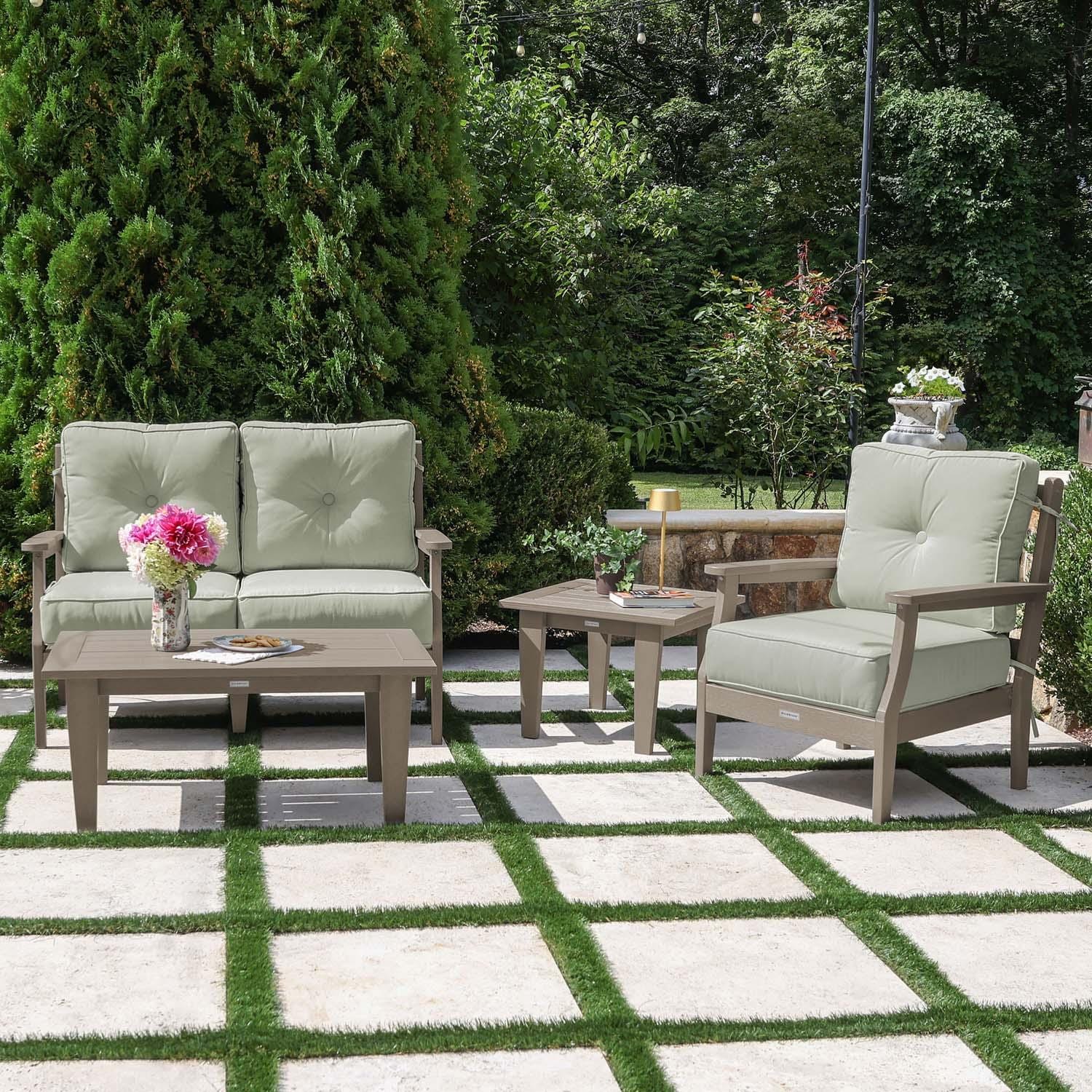 Blushing Bay 4 Pc Recycled Plastic Seating Set in Canvas Seasalt/Woodland Brown by Lakeview Outdoor Designs - Lifestyle thumbnail