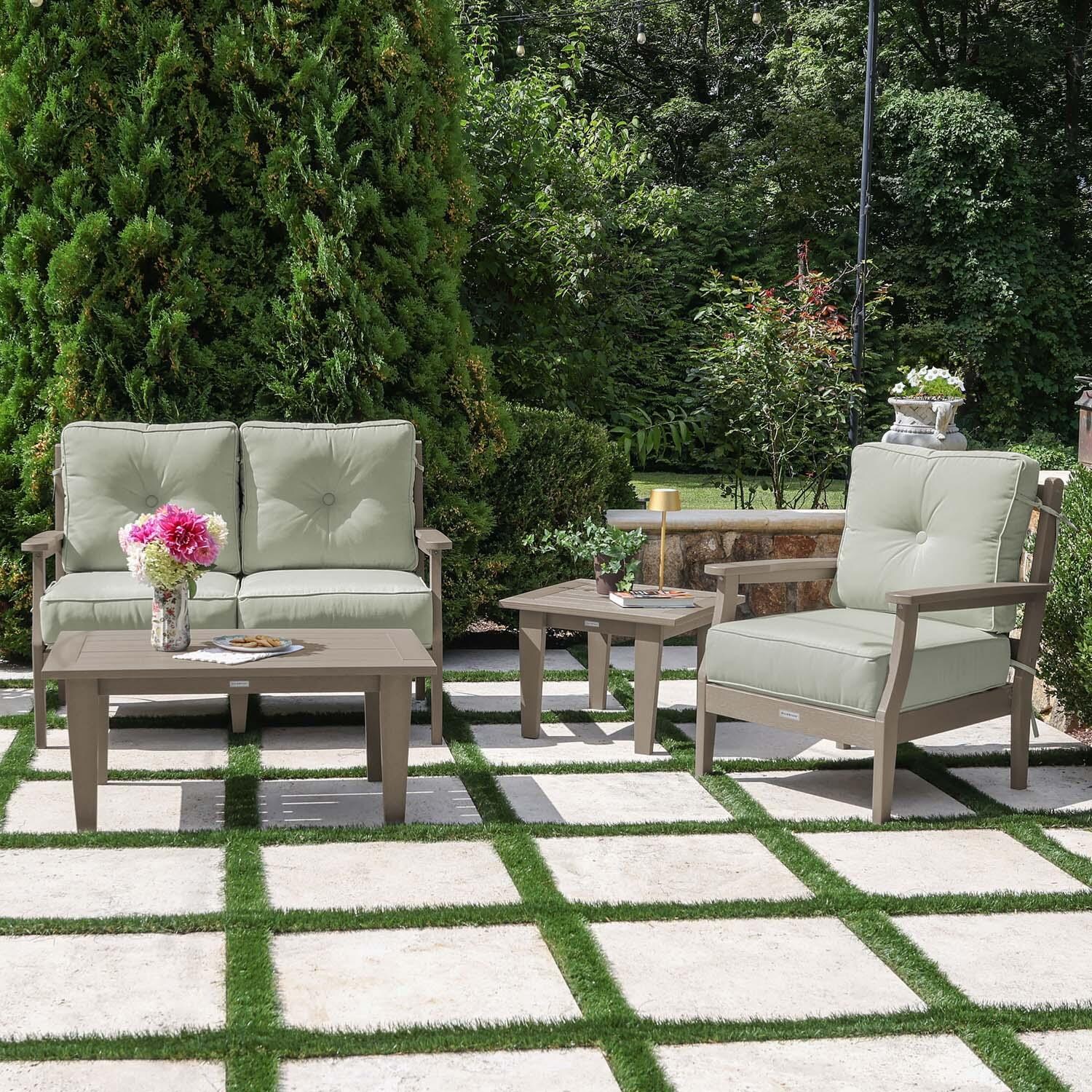 Blushing Bay 4 Pc Recycled Plastic Seating Set in Canvas Seasalt/Woodland Brown by Lakeview Outdoor Designs - Lifestyle thumbnail
