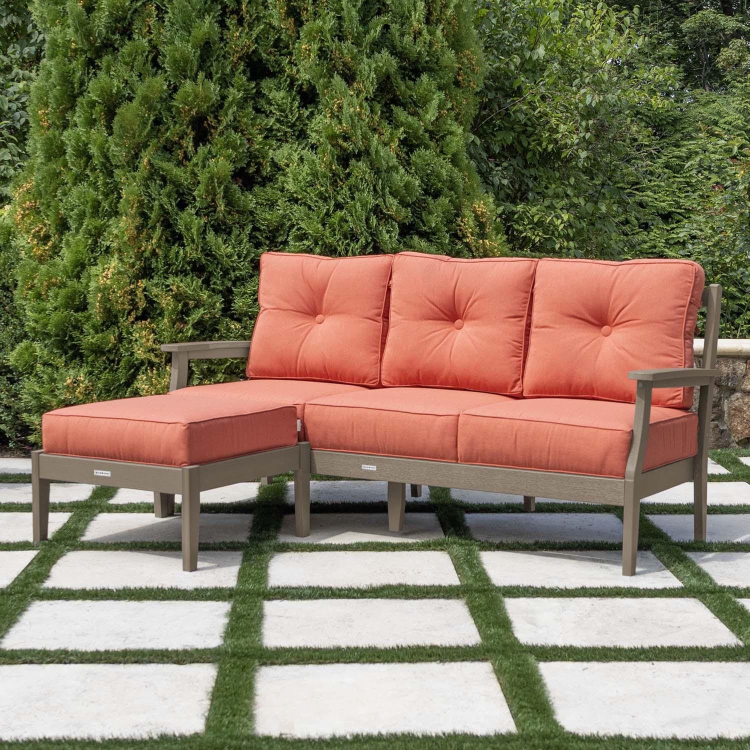 Blushing Bay 2 Pc Recycled Plastic Seating Set in Canvas Persimmon/Woodland Brown by Lakeview Outdoor Designs - Angled Left - Lifestyle thumbnail
