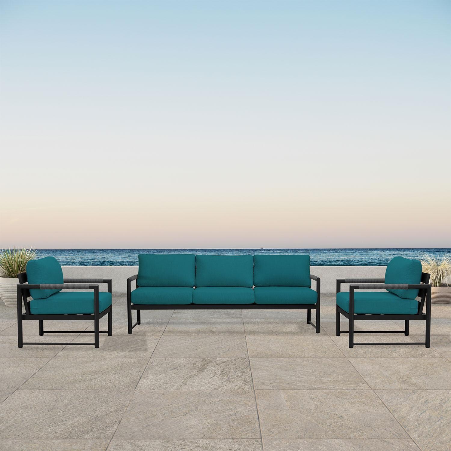 Lakeview AVEBAY-BK-CO-SET141-PC Avenue Bay Black/Carbon 3 Pc Sofa Club Chair Set - Spectrum Peacock - On Patio - Lifestyle thumbnail