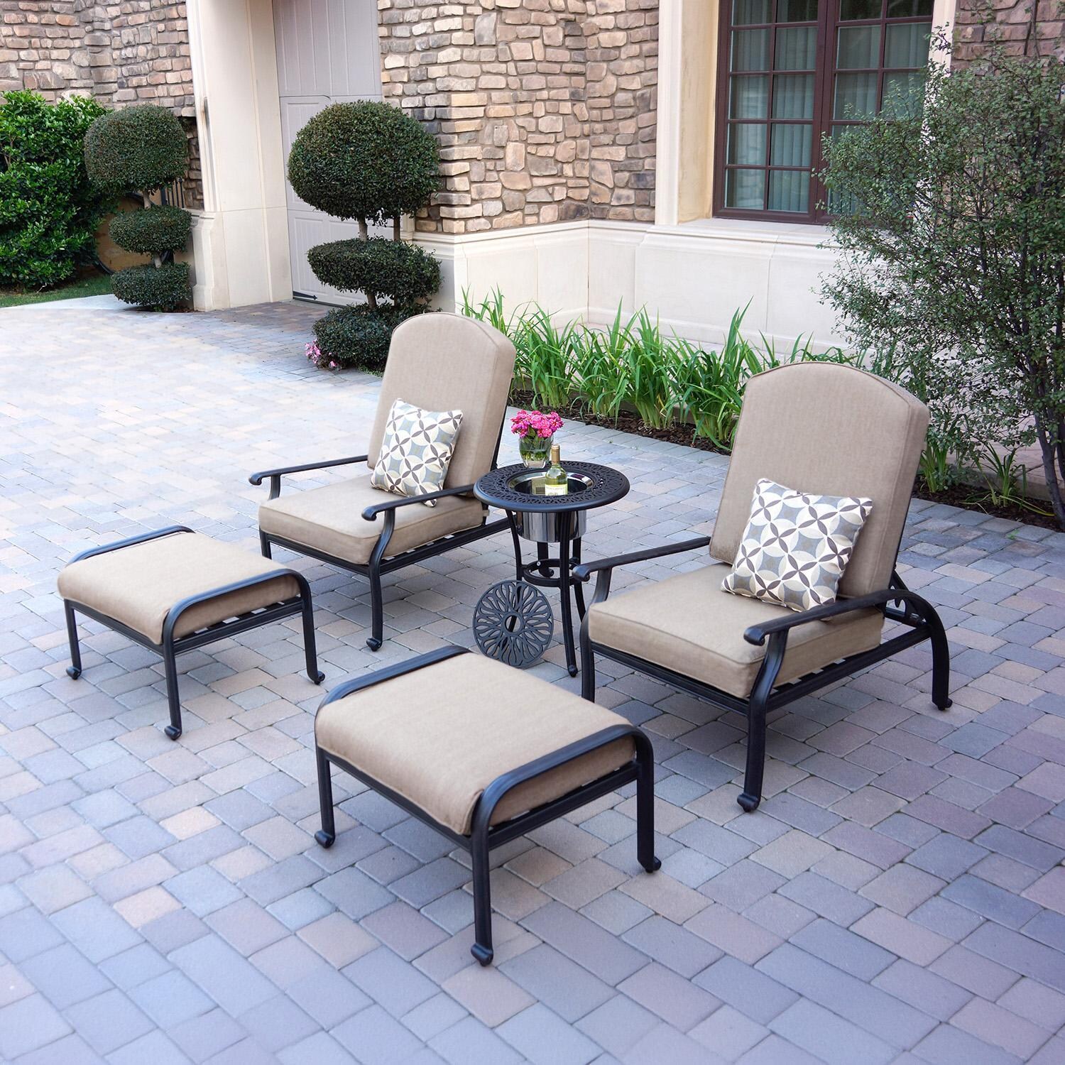 Elisabeth 5 Pc Cast Aluminum Seating Set w/ 21 Inch Round Ice Bucket End Table w/ Reclining Chairs , Ottomans & Throw Pillows in Antique Bronze/Beige Canvas by Darlee