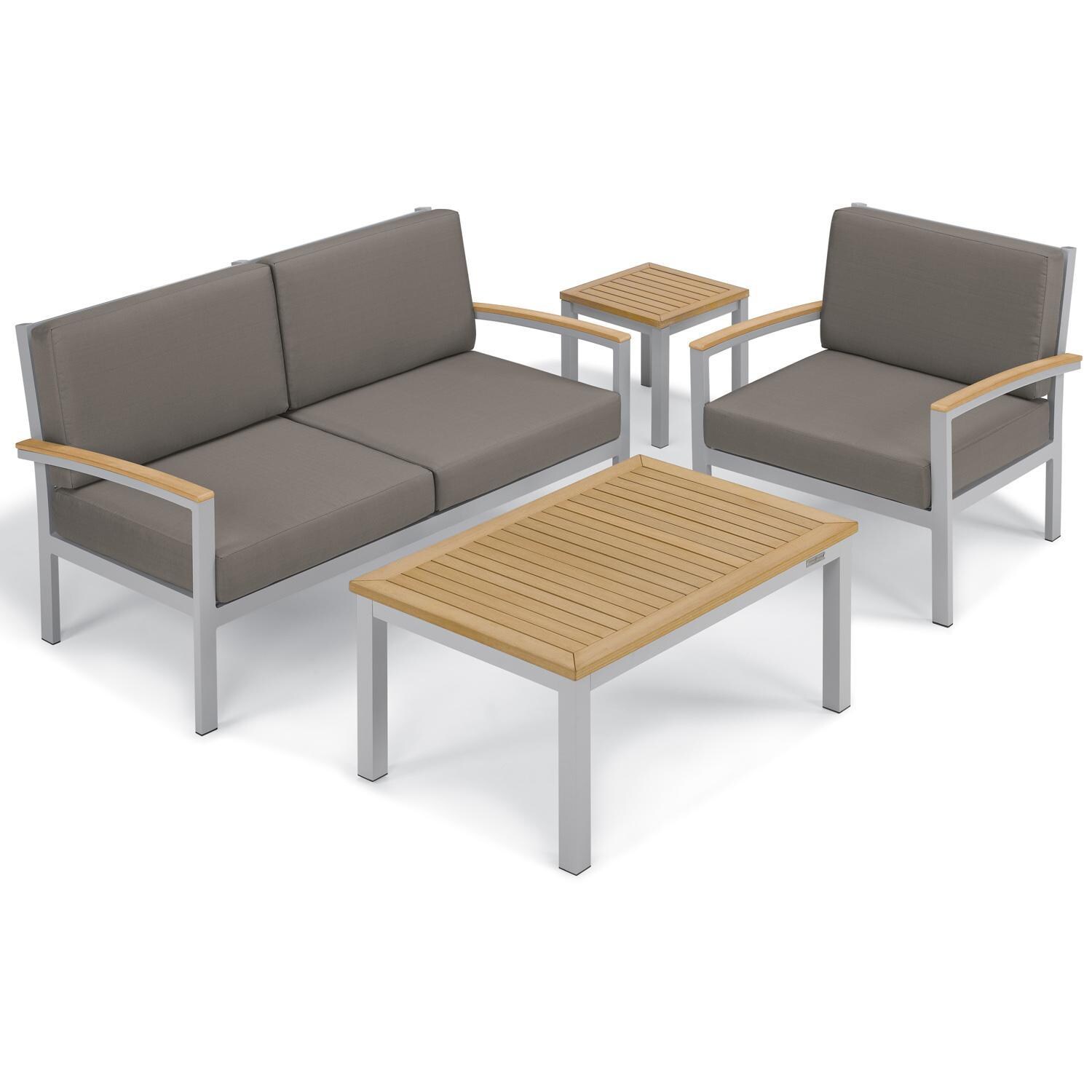 Oxford Garden Travira 2 Person Aluminum Loveseat W/ Natural Tekwood Arm Caps in Flint/Stone - Seating Set thumbnail